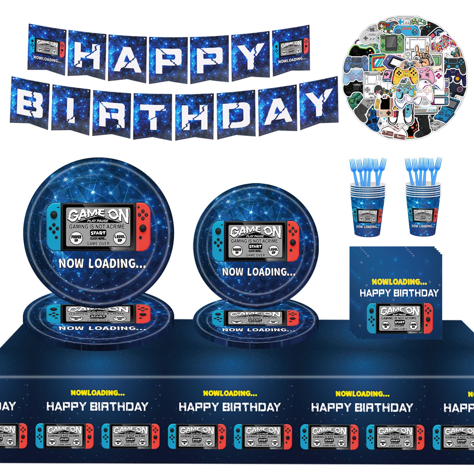 Video Game Party Supplies & Decorations Set for 24 Guests - Birthday Party Plates, Napkins, Cups, Forks, Tablecloth, Banner & Stickers - 123 Pcs