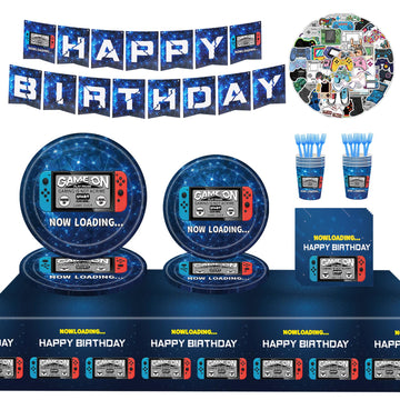Video Game Party Supplies & Decorations Set for 24 Guests - Birthday Party Plates, Napkins, Cups, Forks, Tablecloth, Banner & Stickers - 123 Pcs
