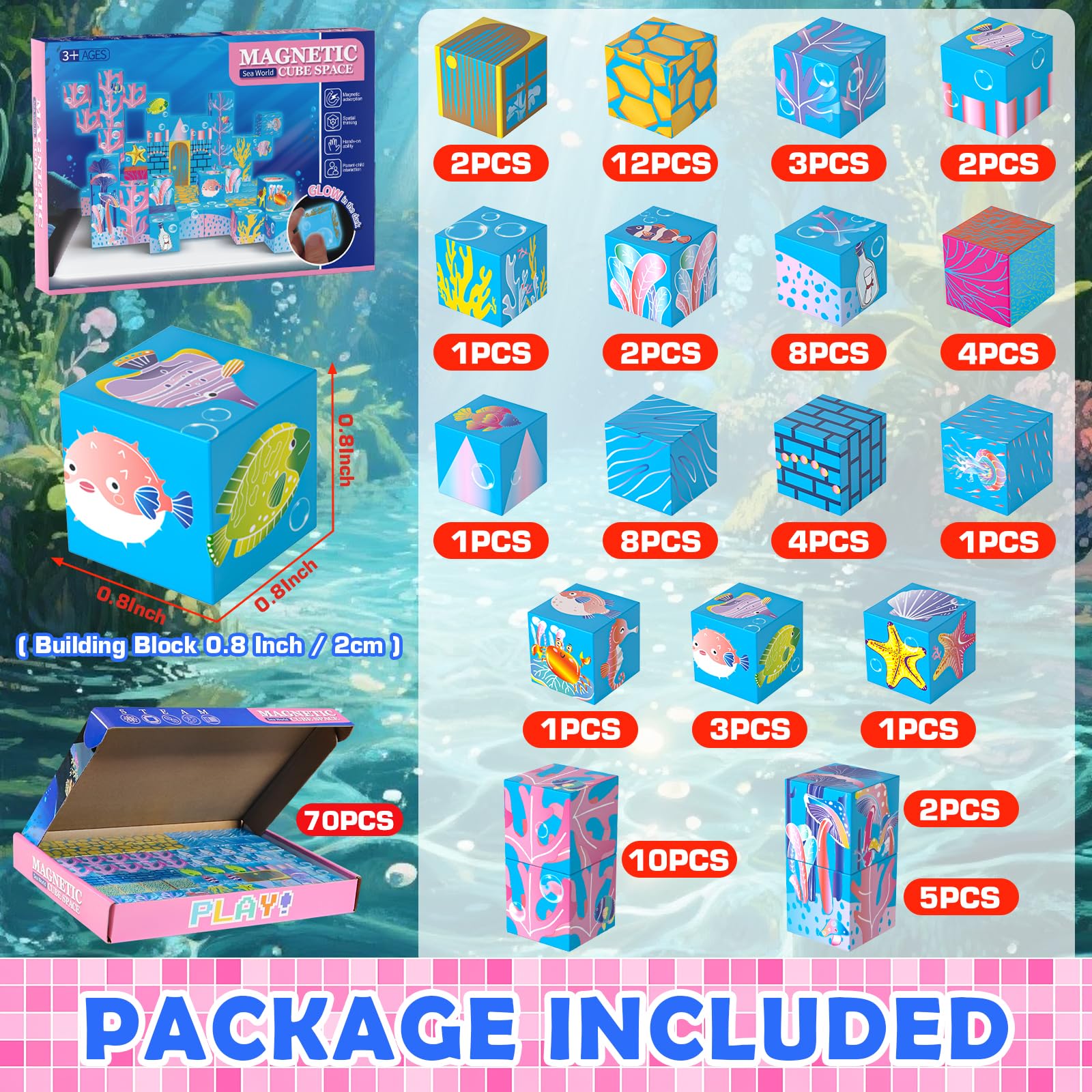 OOIEWPQ 70PCS Magnetic Building Blocks for Kids Ages 4-8, Light-Up Transparent Magnet Cubes for Ocean World Build, STEM Toys for Boys Girls Toddlers