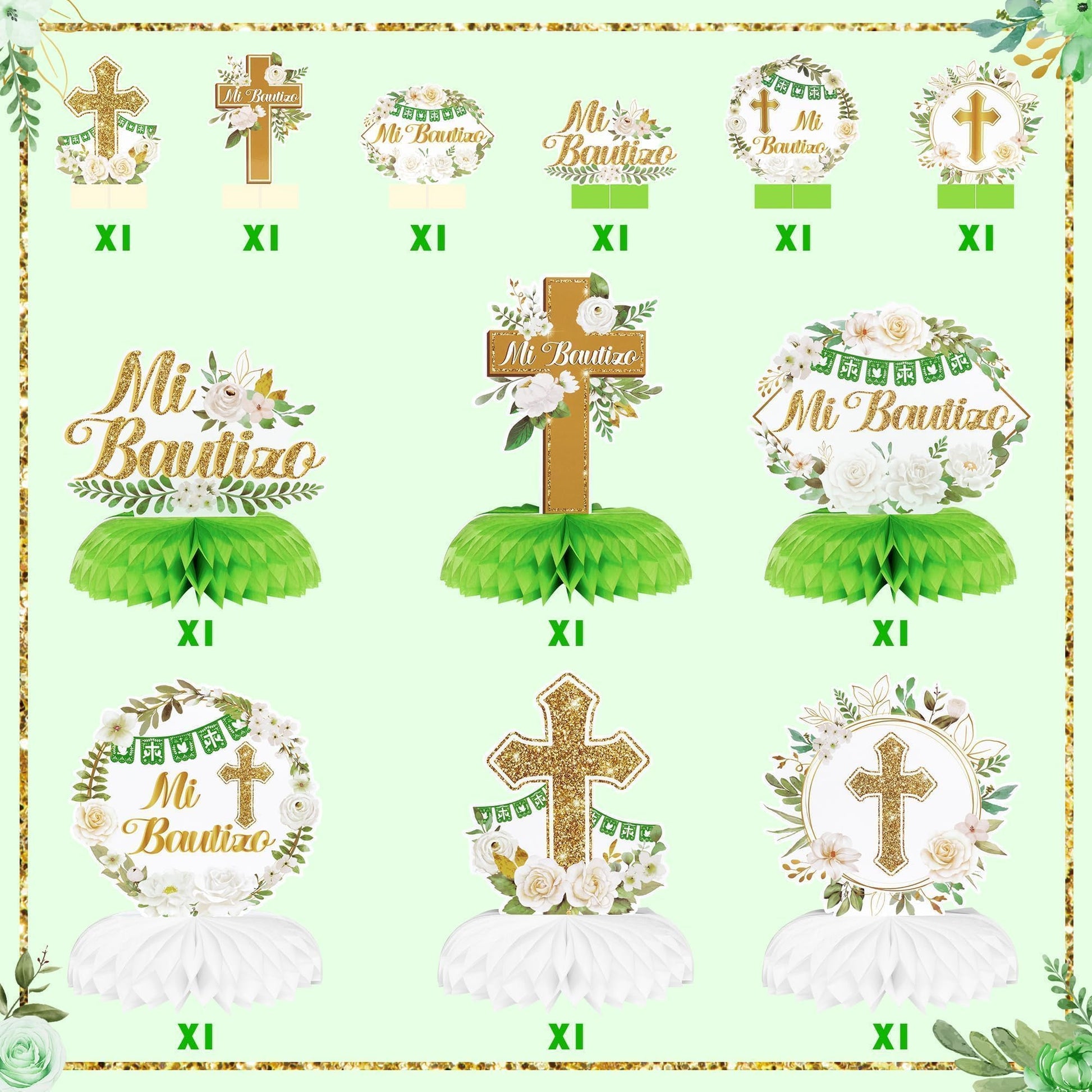 FFyhiinski Floral Honeycomb Table Centerpieces for Mi Bautizo Party- 12 Cross Green Baptism Table Toppers Decorations for First Confirmation