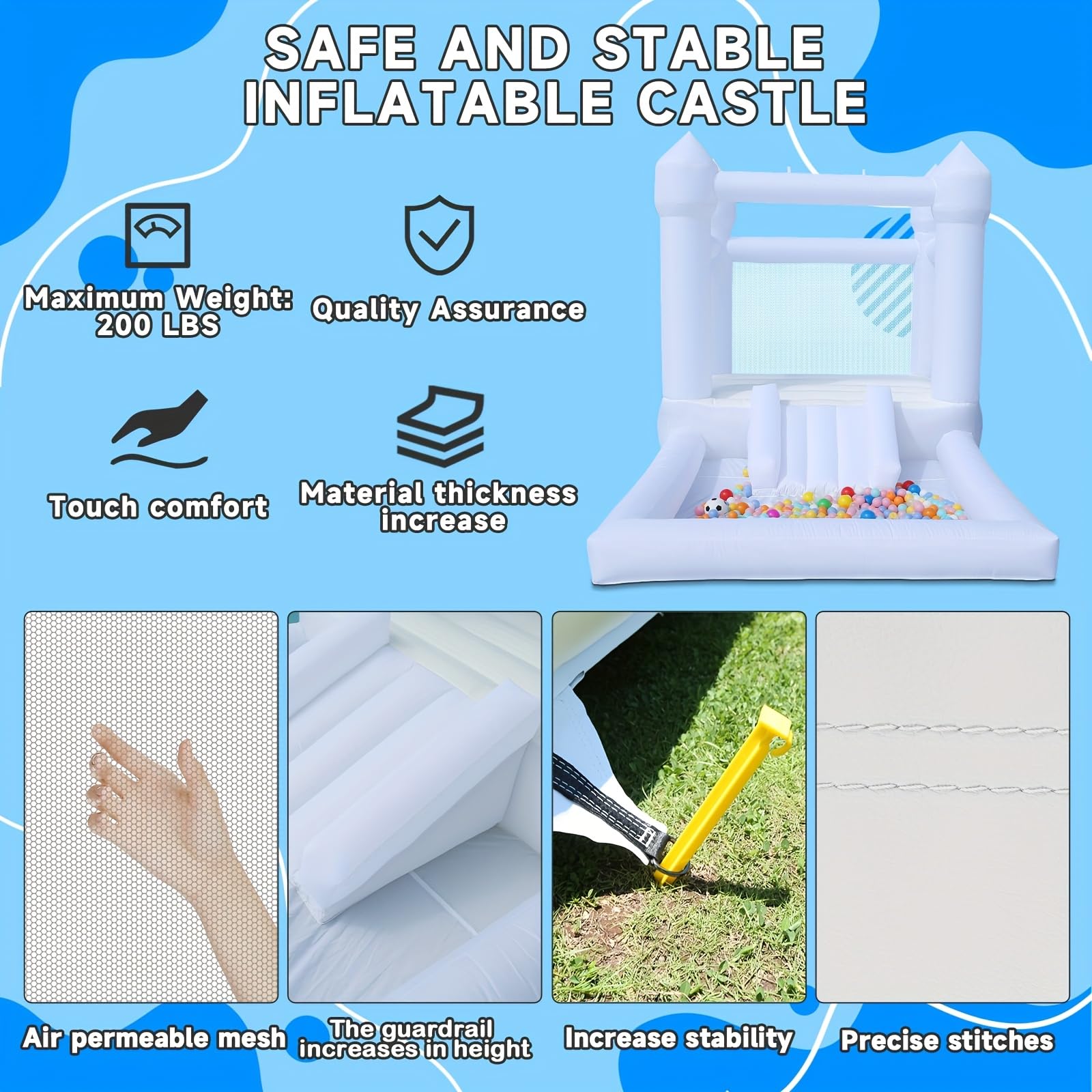 Inflatable White Bounce House Castle - Durable Oxford Material Jumping Bouncer with Blower, Perfect for Kids Birthday Party Indoor & Outdoor(12' L X