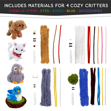 WeVeel Cozy Craftworks Chenille Stem Animal Craft Kit for Adults - Create 4 Adorable Animals (Kitty, Puppy, Bird & Owl) - Relaxing DIY Arts & Crafts