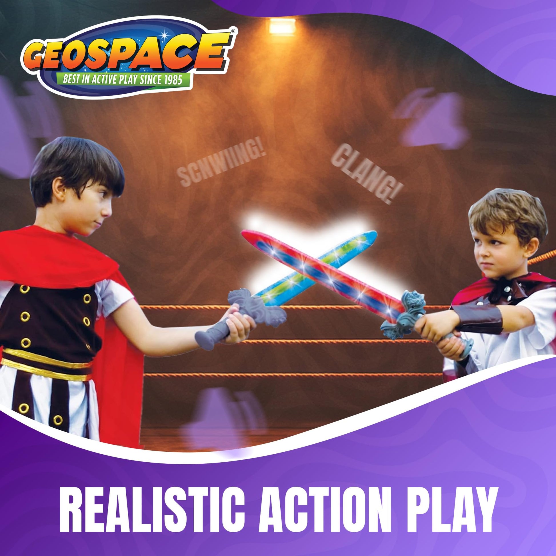 Geospace 23" Knight Geosword Soft & Safe Dueling Toy Swords - 2 Pack with Motion Activated LED Lights & Movement Battle Sounds (Green & Red)