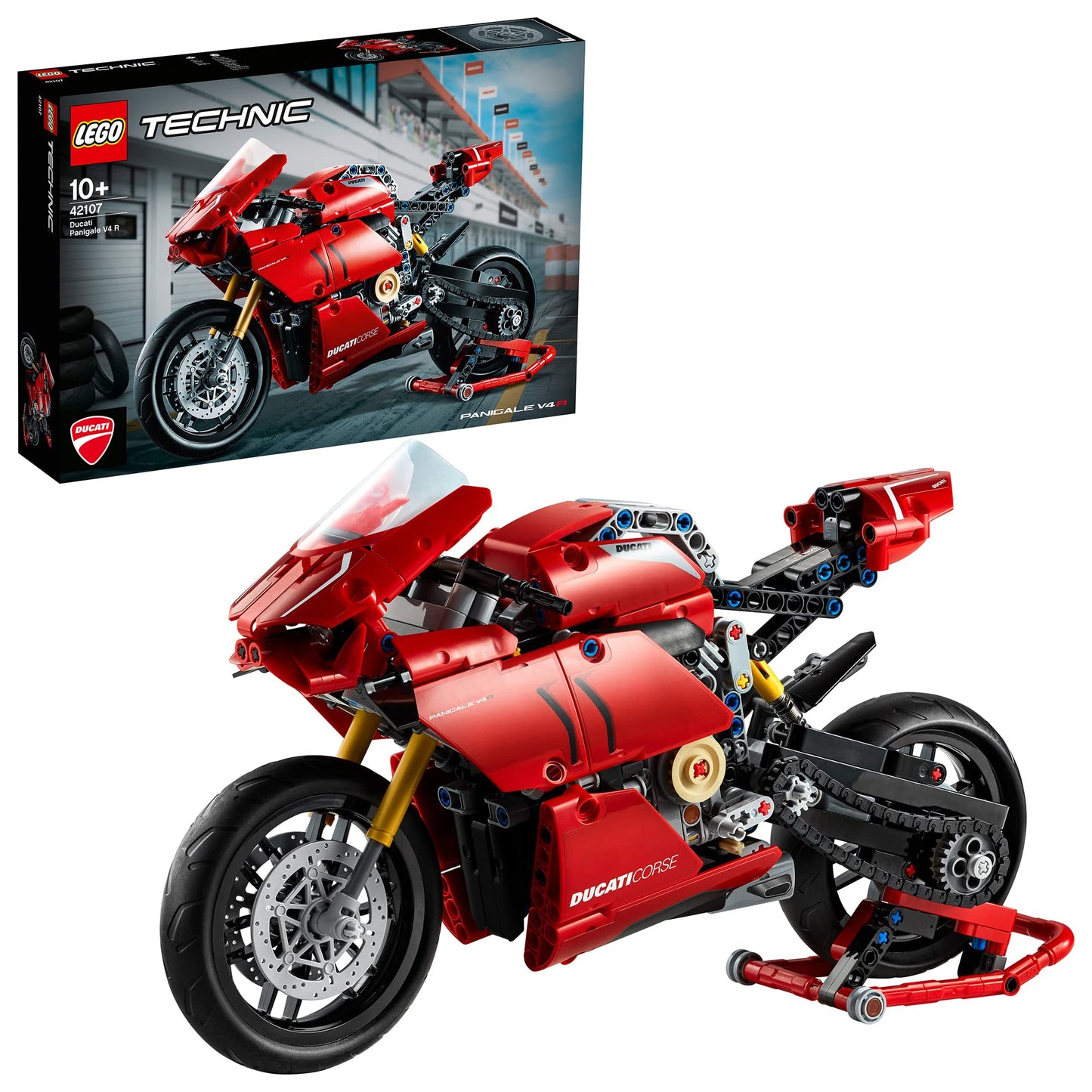 LEGO 42107 Technic Ducati Panigale V4 R Motorbike, Collectible Superbike Display Model Building Kit with Gearbox and Working Suspension, Gift Idea, 10