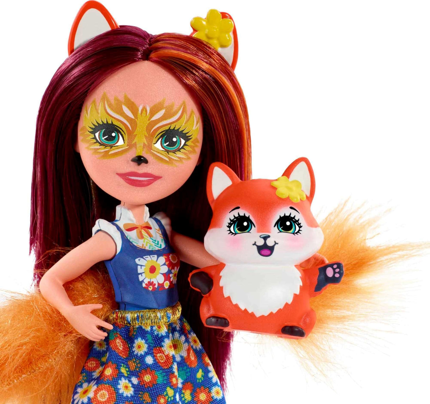 Mattel Enchantimals Felicity Fox Doll & Flick Figure, 6-inch small doll, with long brown hair, animal ears and furry tail, removable skirt and shoes
