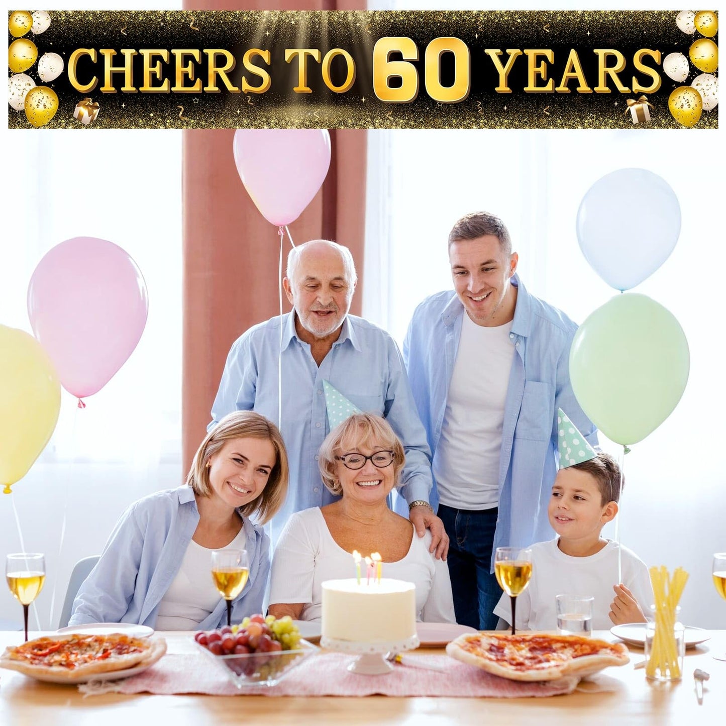 TZSS Black & Gold 60th Birthday Banner Decorations - Extra Large 118"x20" Reusable Yard Sign for Men & Women, Over The Hill Party Decor Indoor