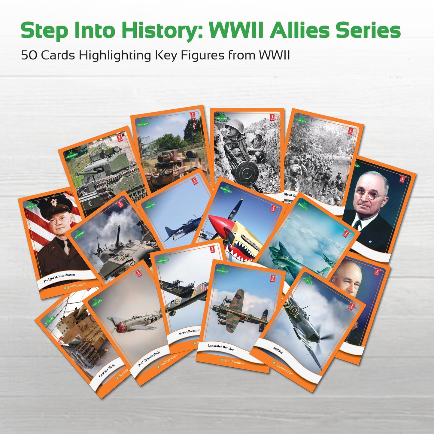 Parkside Curiosity Cards - Allies of WWII Collectible Trading Cards - 50 War History Flashcards - Smithsonian World War 2 Educational Flash Cards for