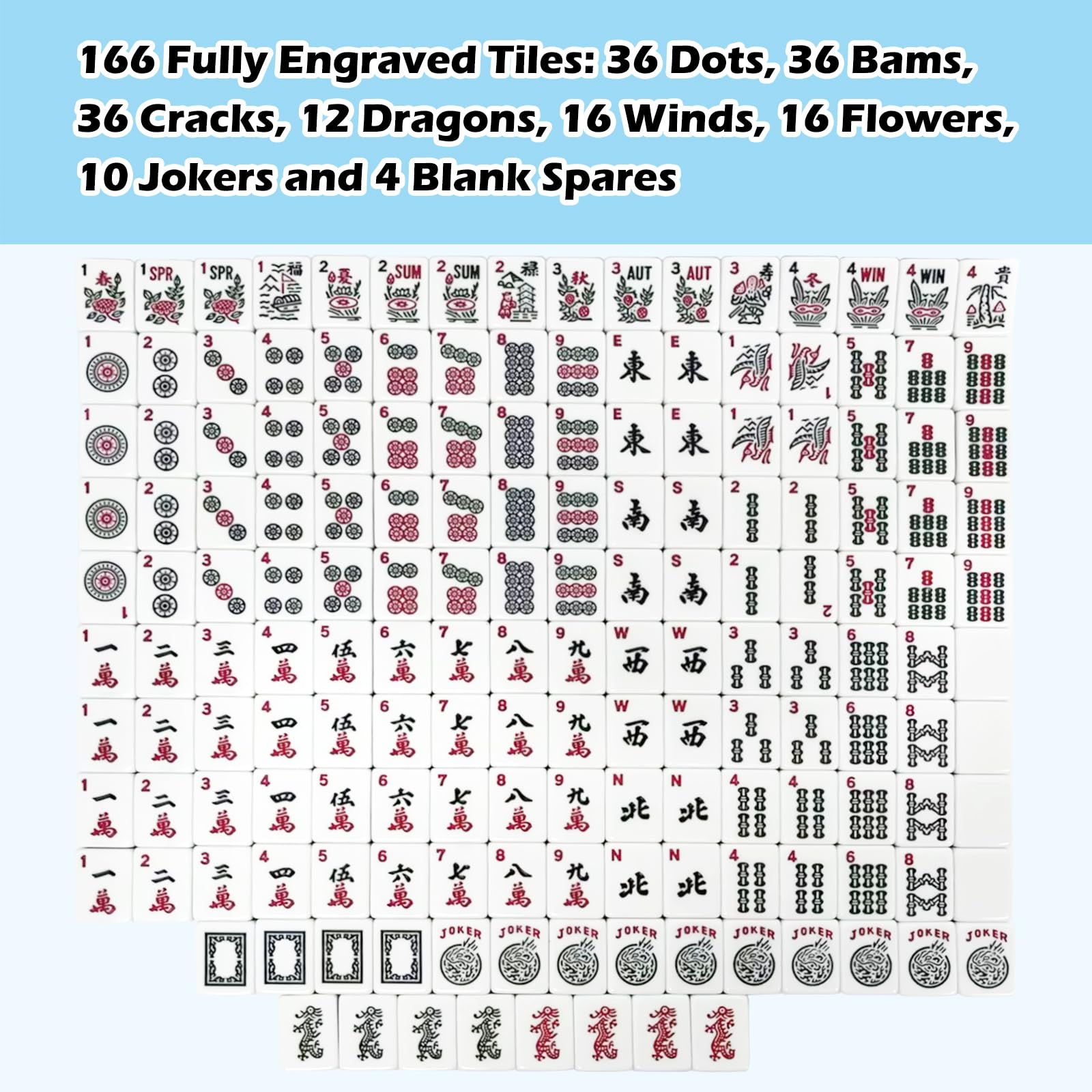 SEHAUSEU American Mahjong Tile Set with 166 Tiles, 1.2-Inch Mah Jongg Sets, Mahjong Gift Set with 3 Blue Dice and Mahjong Tile Bag, Complete Portable