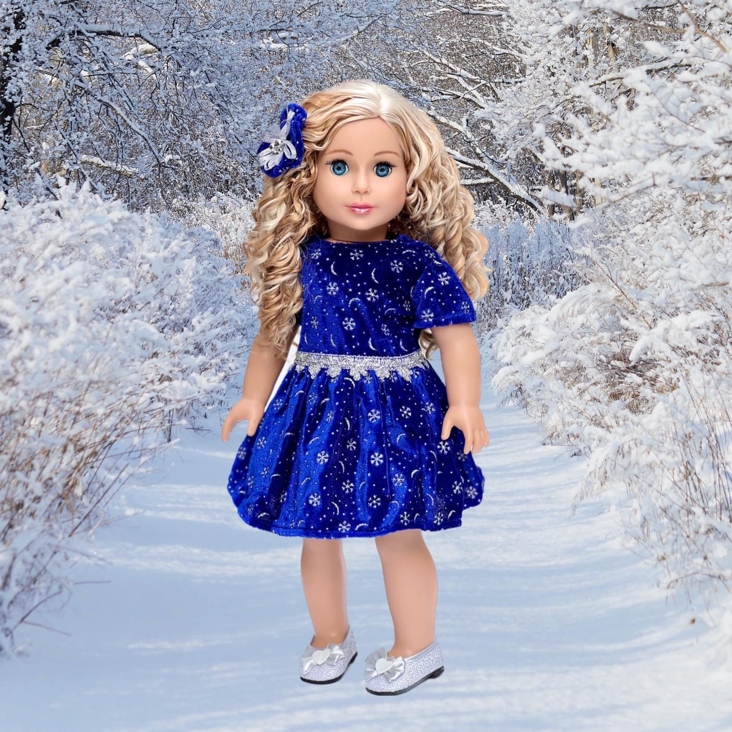 18 inch Doll Clothes - Midnight Blue - 3 Piece Outfit - Dark Blue Sparkling Holiday Dress with Matching Silver Shoes and Headpiece - Clothes Fits