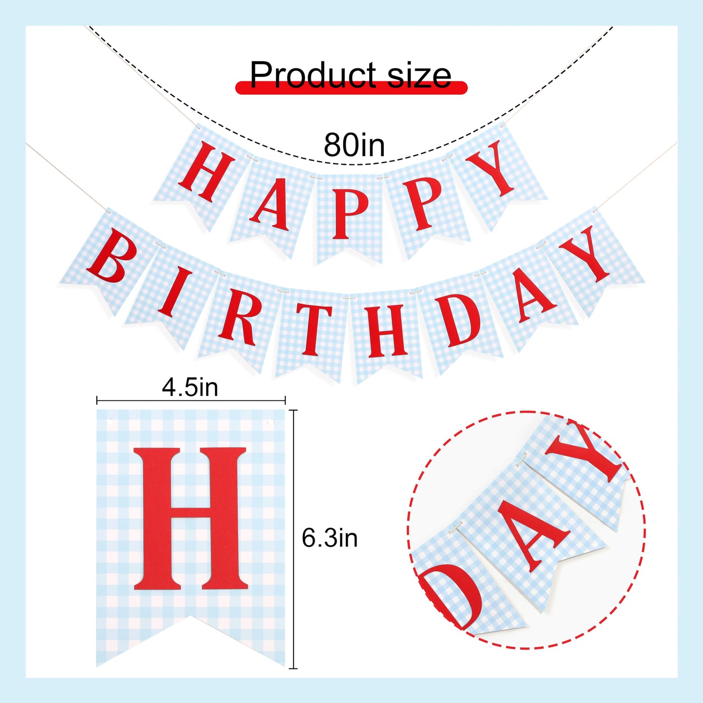 Blue and red Happy Birthday Banner - Happy 1st Birthday decorations, Blue Gingham with Red Letters Happy Birthday Banner