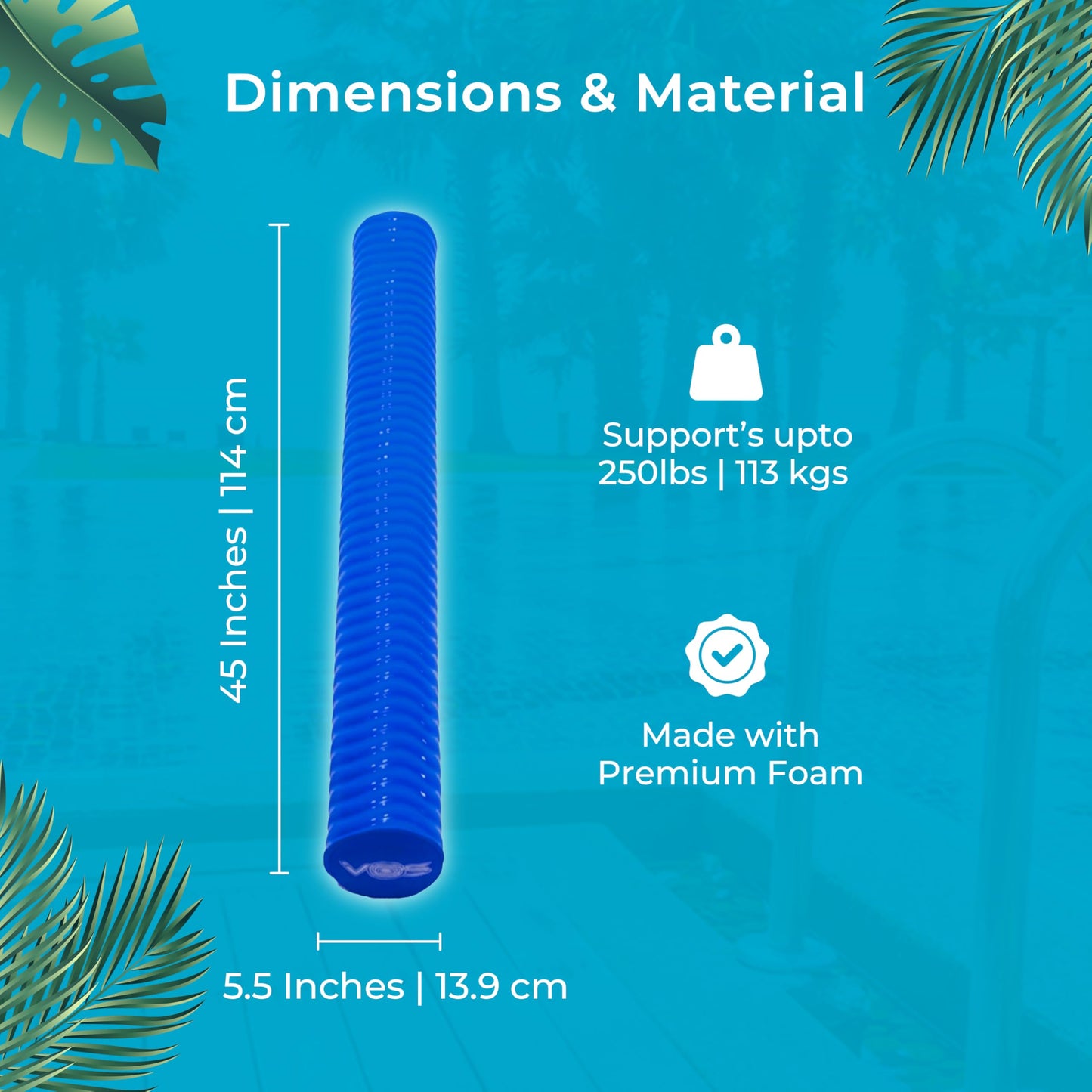 VOS Mega Foam Pool Noodle, 1 Pack, Super Soft Swim Float, Hurricane Blue