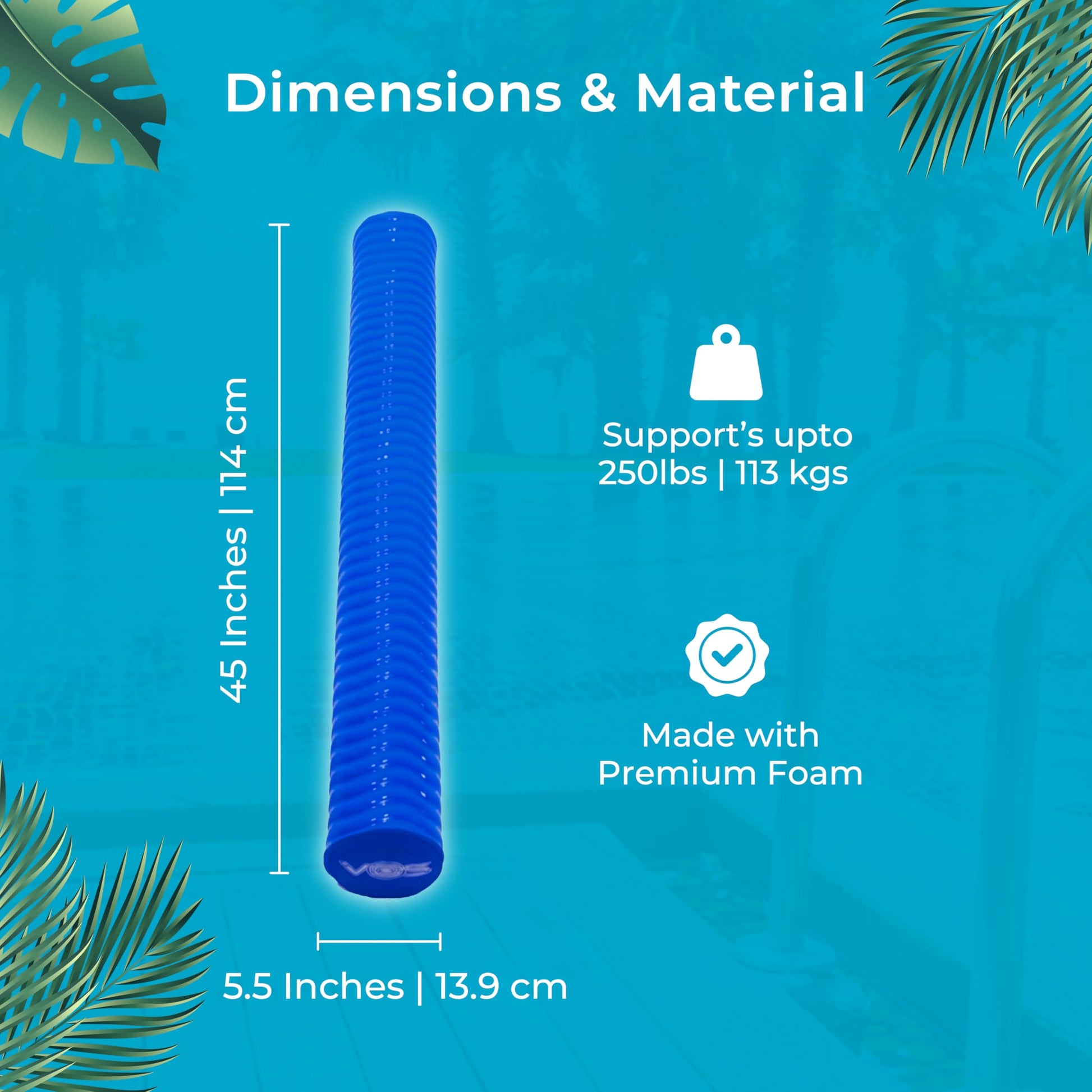 VOS Mega Foam Pool Noodle, 1 Pack, Super Soft Swim Float, Hurricane Blue