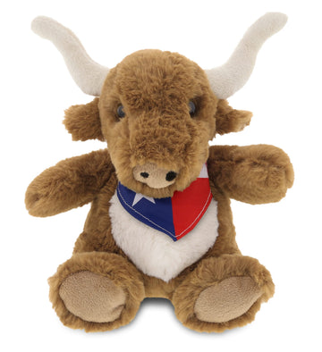 DolliBu Texas Longhorn Stuffed Animal - Cute Playtime Farm Animal Plush Toy with Texas Flag Bandana, Soft and Huggable Texas Longhorn Cowboy Toy