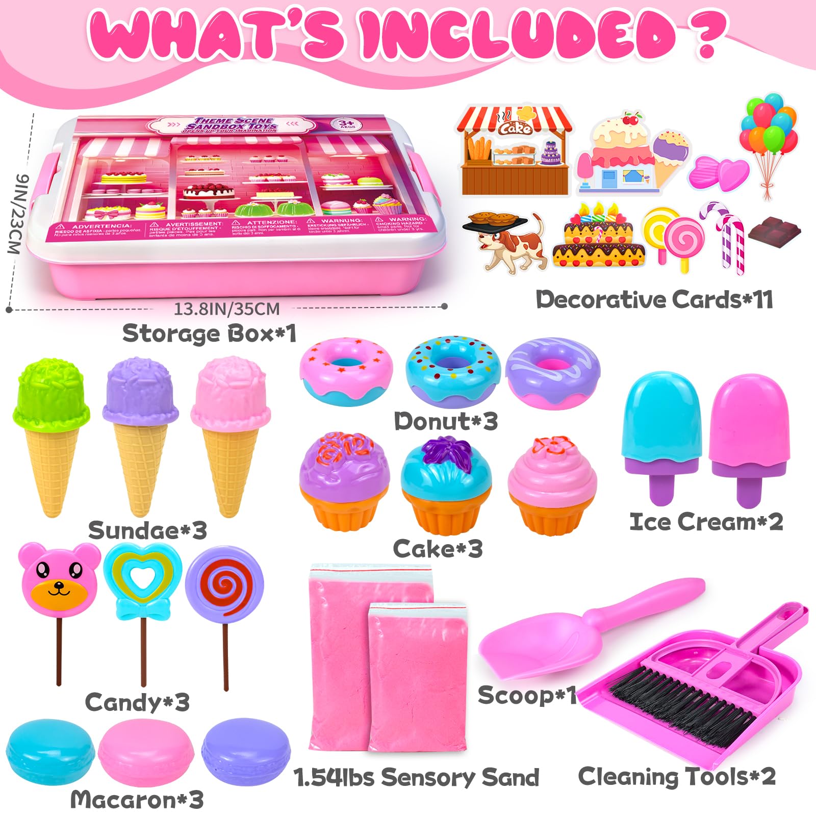 Bloolilies Sensory Bin, Ice Cream Sand Box Set with Magic Sand, Ice Cream Toys Molds and Cleaning Tools Sandbox with Lid Play Sand Art Kits for Kids