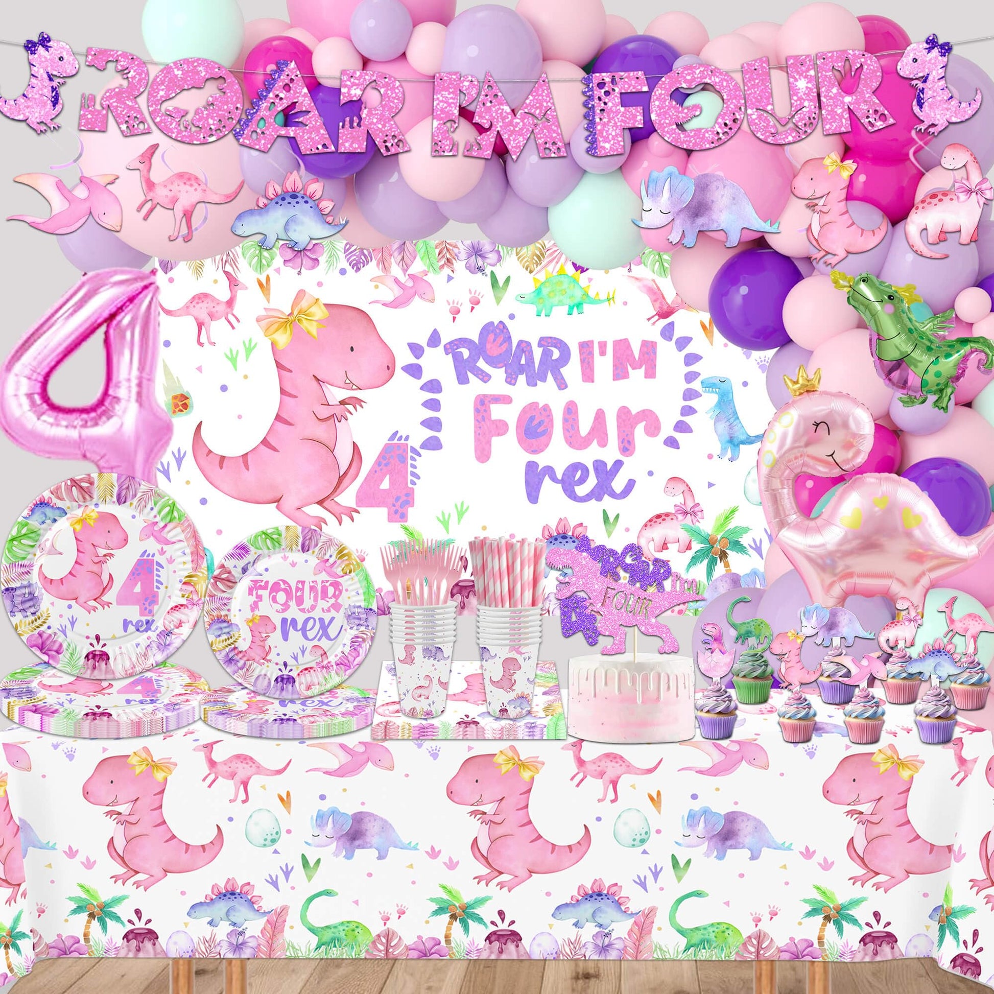 318 Pcs Dinosaur 4th Birthday Decorations for Girl, Dino Roar I'm Four Party Supplies, 20 Serves Include Plates, Cups, Napkins, Backdrop, Tablecloth