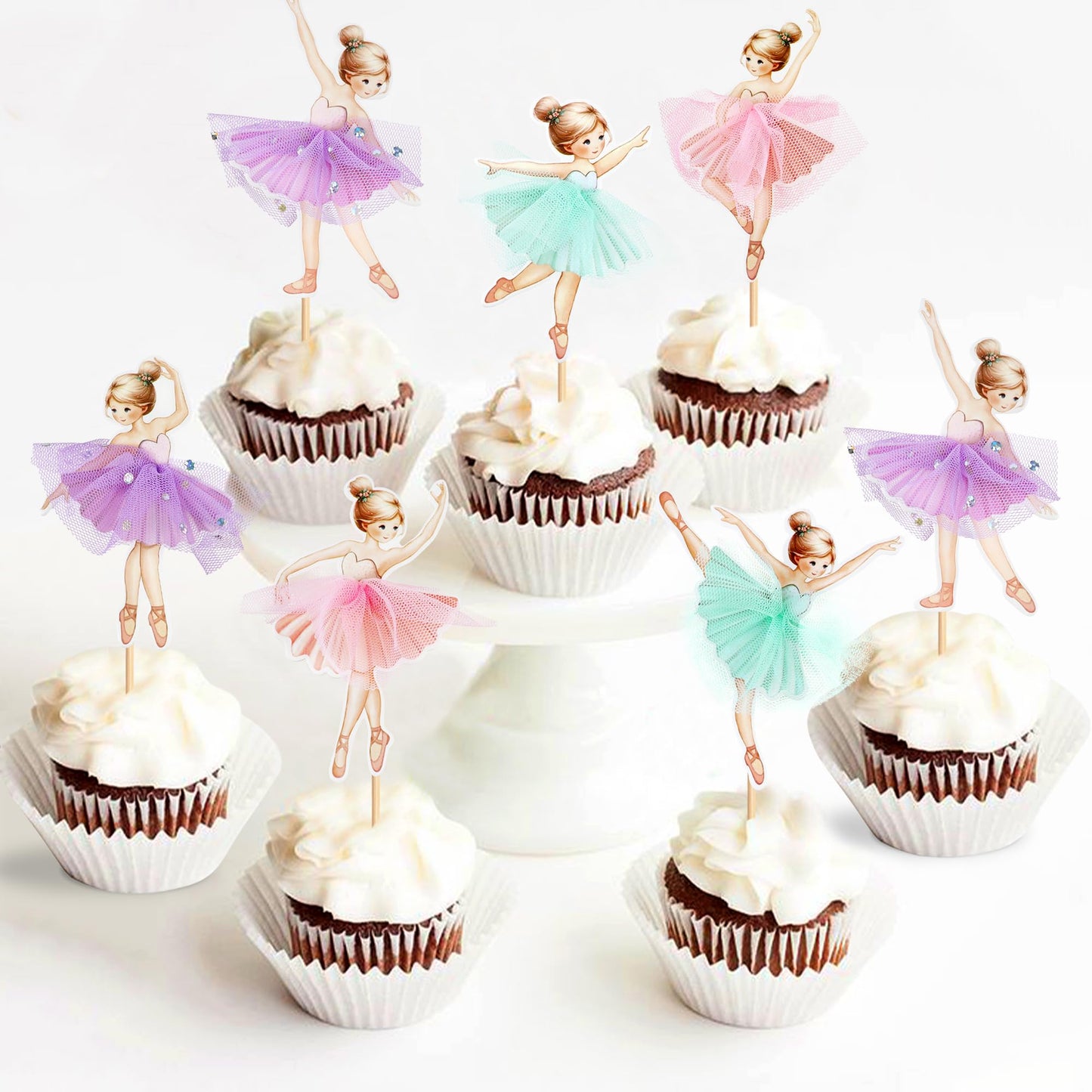 24Pcs Ballerina Pink Purple Blue Tutu Skirt Cupcake Toppers Colorful Chiffon Skirt Ballet Girls Cupcake Picks for Baby Shower Girls Ballerina Birthday