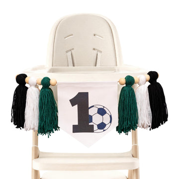 SOLUXIKA Soccer 1st Birthday Banner - First Year Down High Chair Banner with Green Black White Tassels, Sports Soccer Theme First Birthday Decorations