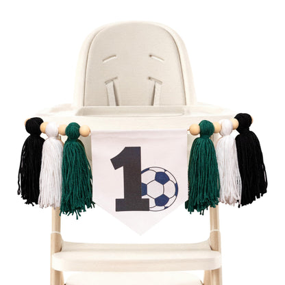 SOLUXIKA Soccer 1st Birthday Banner - First Year Down High Chair Banner with Green Black White Tassels, Sports Soccer Theme First Birthday Decorations