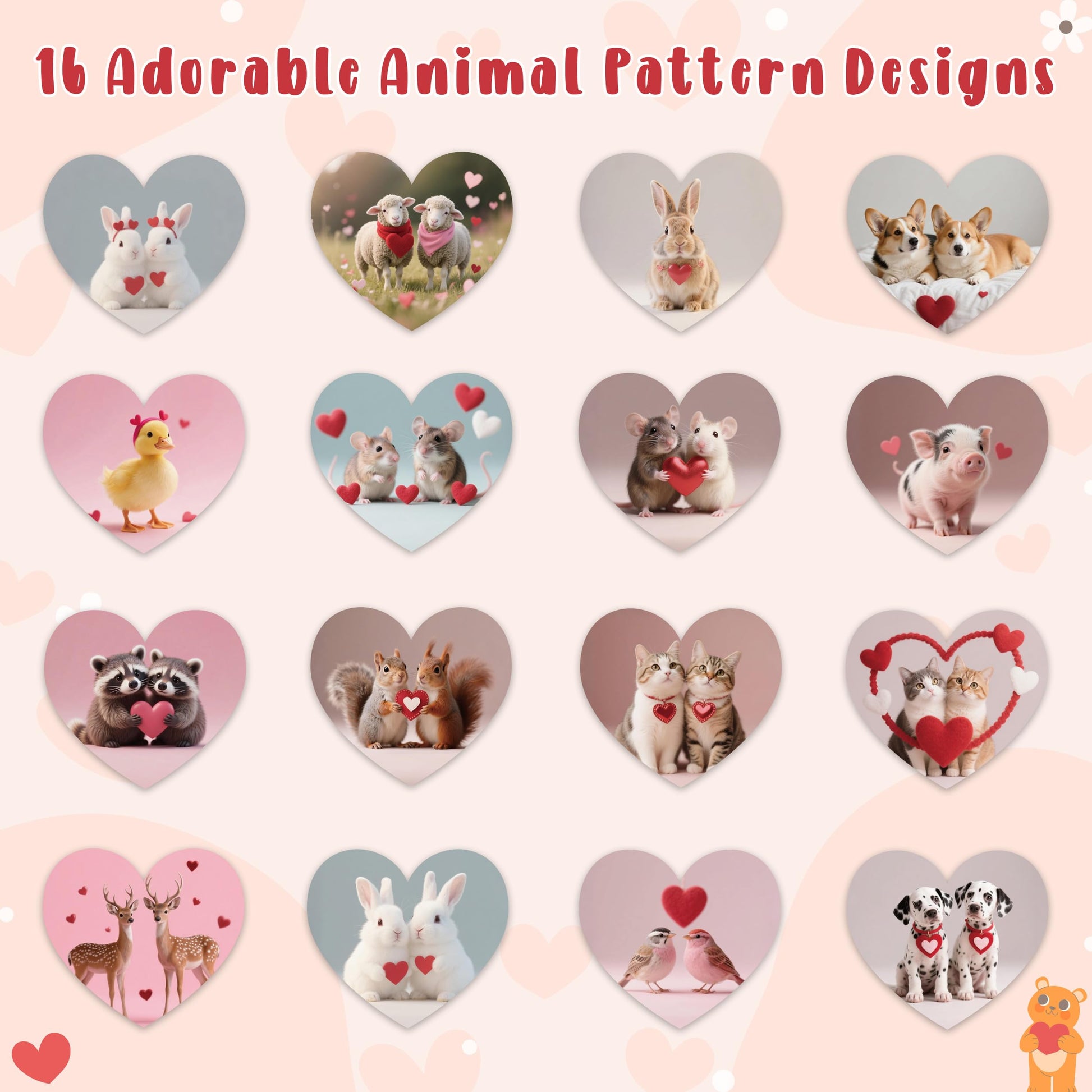 DSjuedui Romantic Realistic Animal Roll Stickers - 1000Pcs Cute Cat Dog Rabbit Sheep Heart Self Adhesive Stickers for Kids, Heart Shape Animal Vinyl