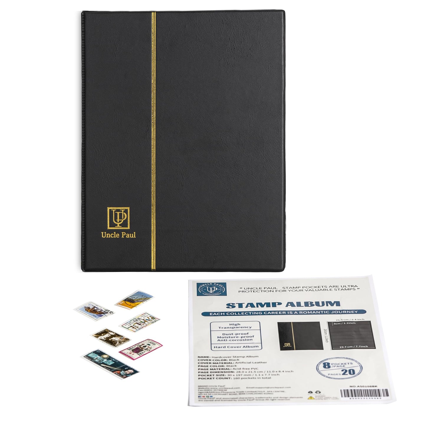 Stamp Albums 160 Pockets - Stockbooks with 30x197mm Sleeves, 10 Double Sided Black Page with Leatherette Padded Black Cover, Collection Storage Folder