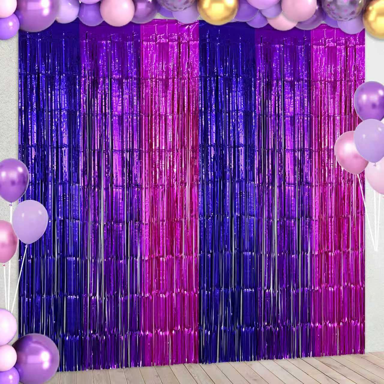 2 Pack Purple Pink Foil Fringe Curtains Streamers Backdrop for Music Themed Party Decorations, Girls Butterfly Birthday Party Decorations Supplies