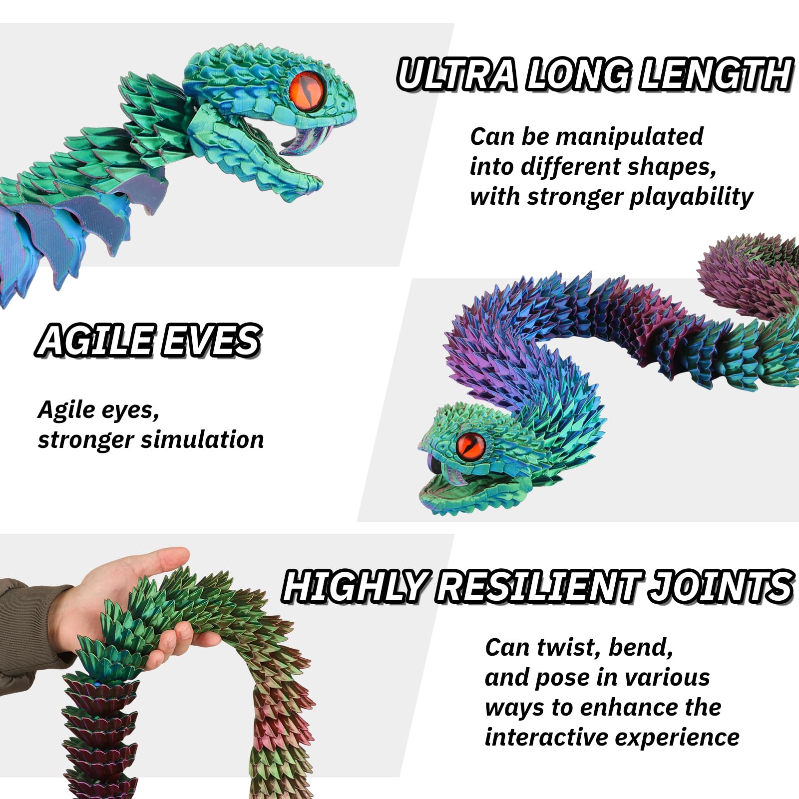 ZZM3D 48 inch Super Large 3D Printed Snake with Movable Teeth and Flexible Joint 3D Printed Animals Toys Birthday