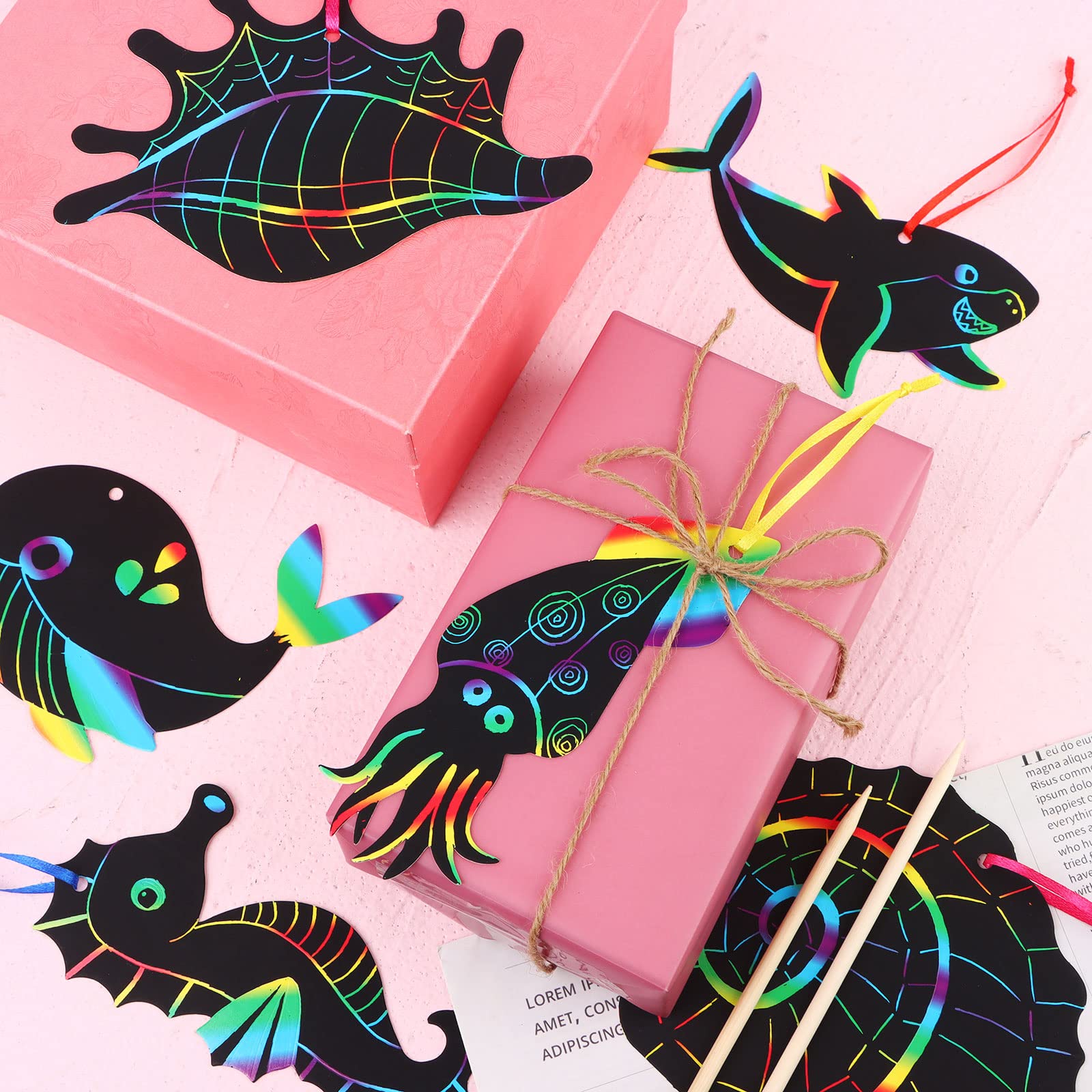 64 Pcs Sea World Theme Scratch Cards Rainbow Color Scratch Crafts Art Card Shell Dolphin Starfish Tortoise Scratch Card Art Kit with 70 pcs Wood