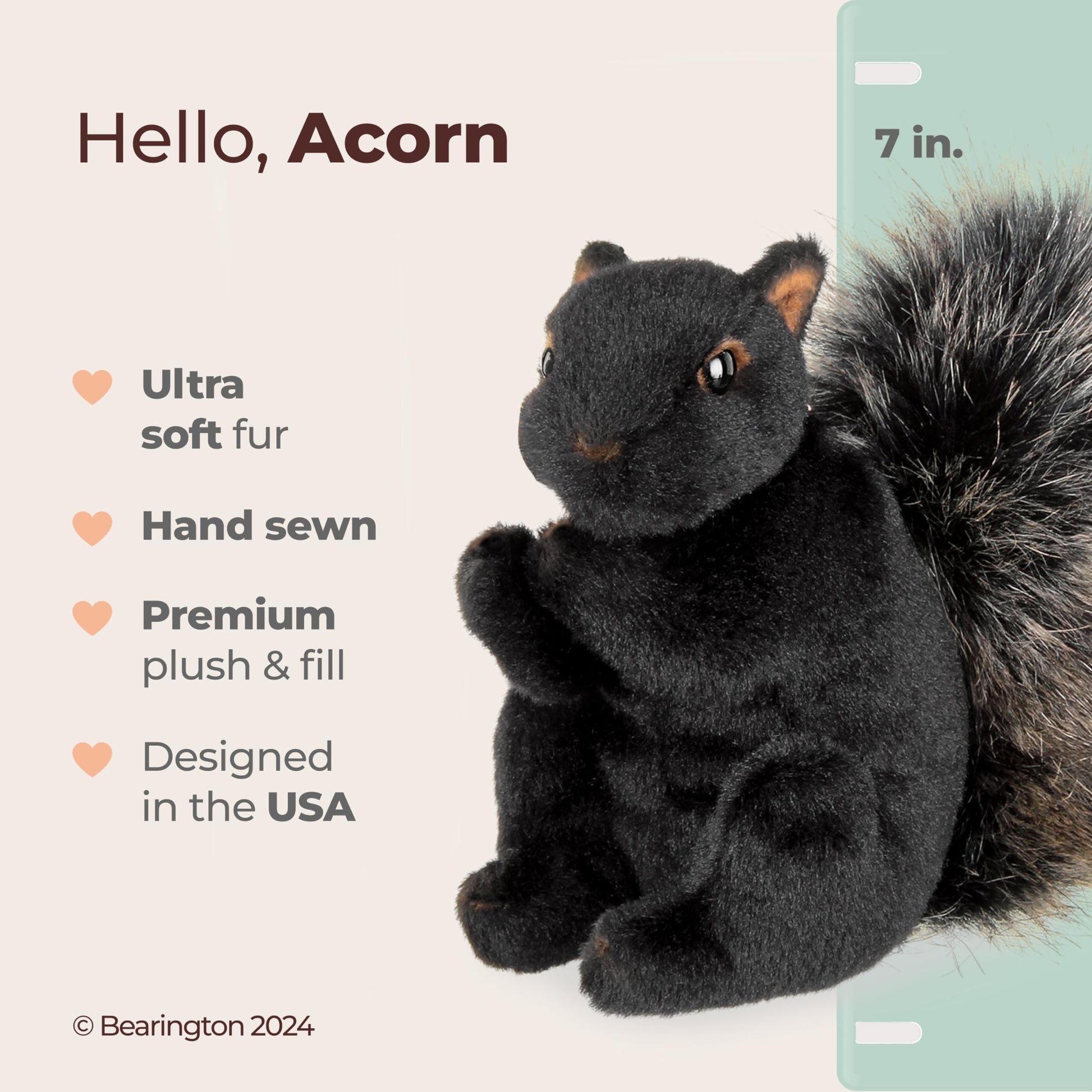 Bearington Acorn Black Plush Squirrel Stuffed Animal - 7" Realistic Soft Squirrel Toy for Kids - Cuddly, Adorable Woodland Creature Gift for Stuffed