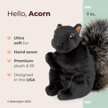 Bearington Acorn Black Plush Squirrel Stuffed Animal - 7" Realistic Soft Squirrel Toy for Kids - Cuddly, Adorable Woodland Creature Gift for Stuffed