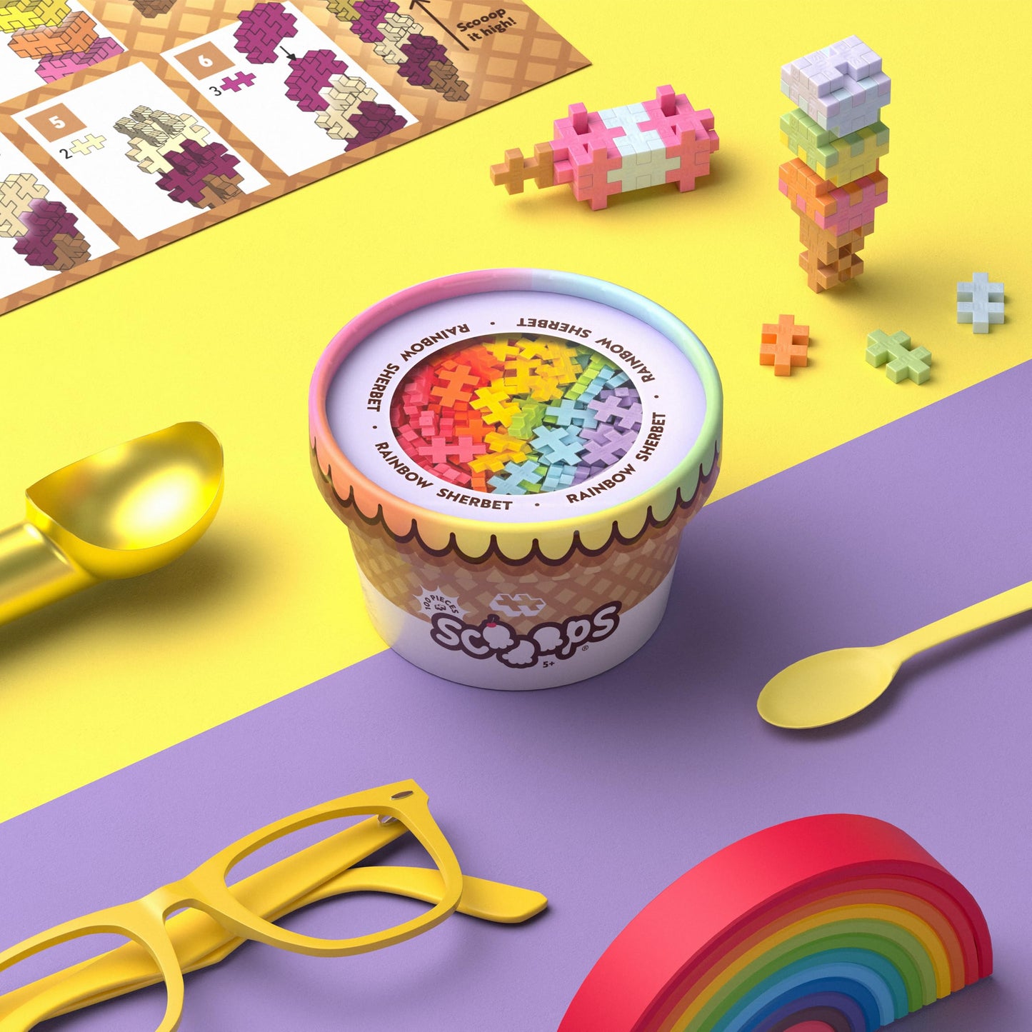 PLUS PLUS Scooops, Rainbow Sherbet - Ice Cream 3D Building Blocks, 100 pc
