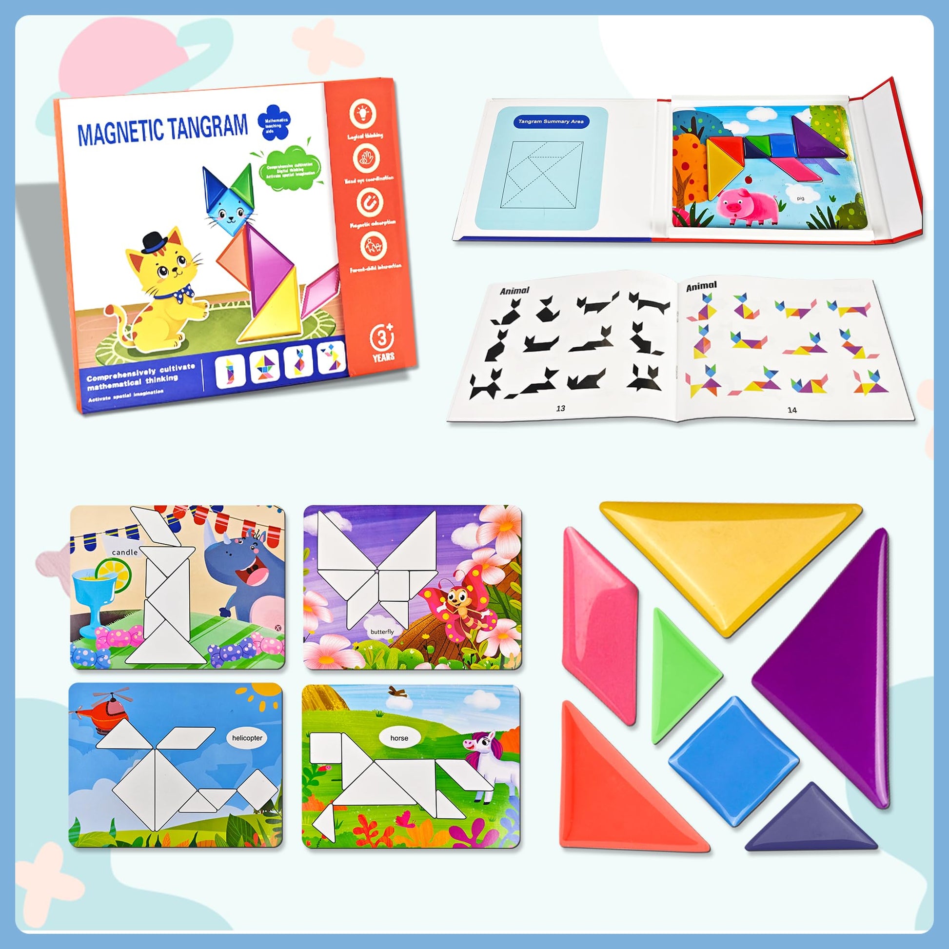 Magnetic Tangram Puzzles for Kid with 368 Patterns Booklet & 30 Theme Pages & Metal Board, Tangrams for Kids Ages 4-8 with Portable Box, Magnetic