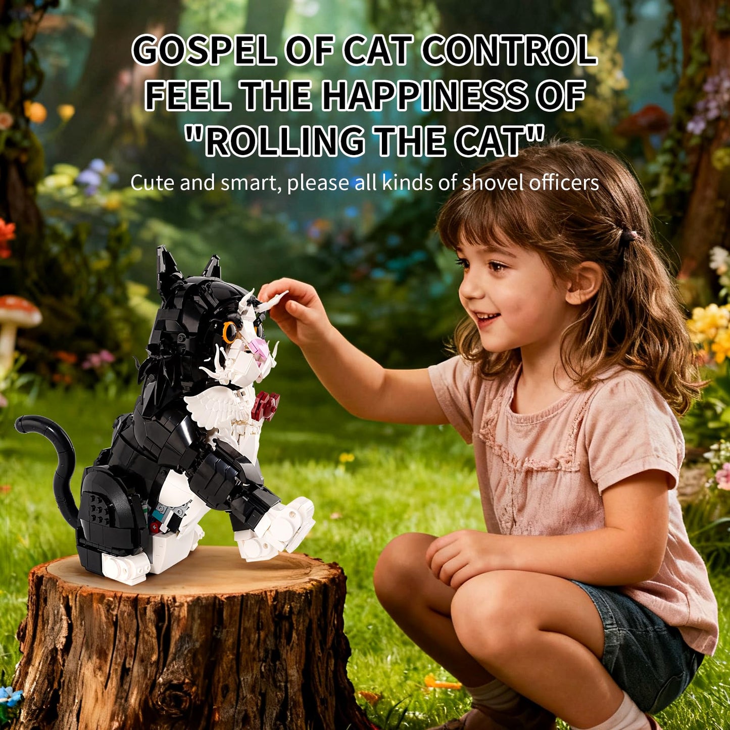 LPPROTECTOR Sunflower Gentle Kitty Building Set for Adults - 1434 Pcs Tuxedo Cat Statue with Rotating Head and Poseable Tail - 3D Tuxedo Kitty Model