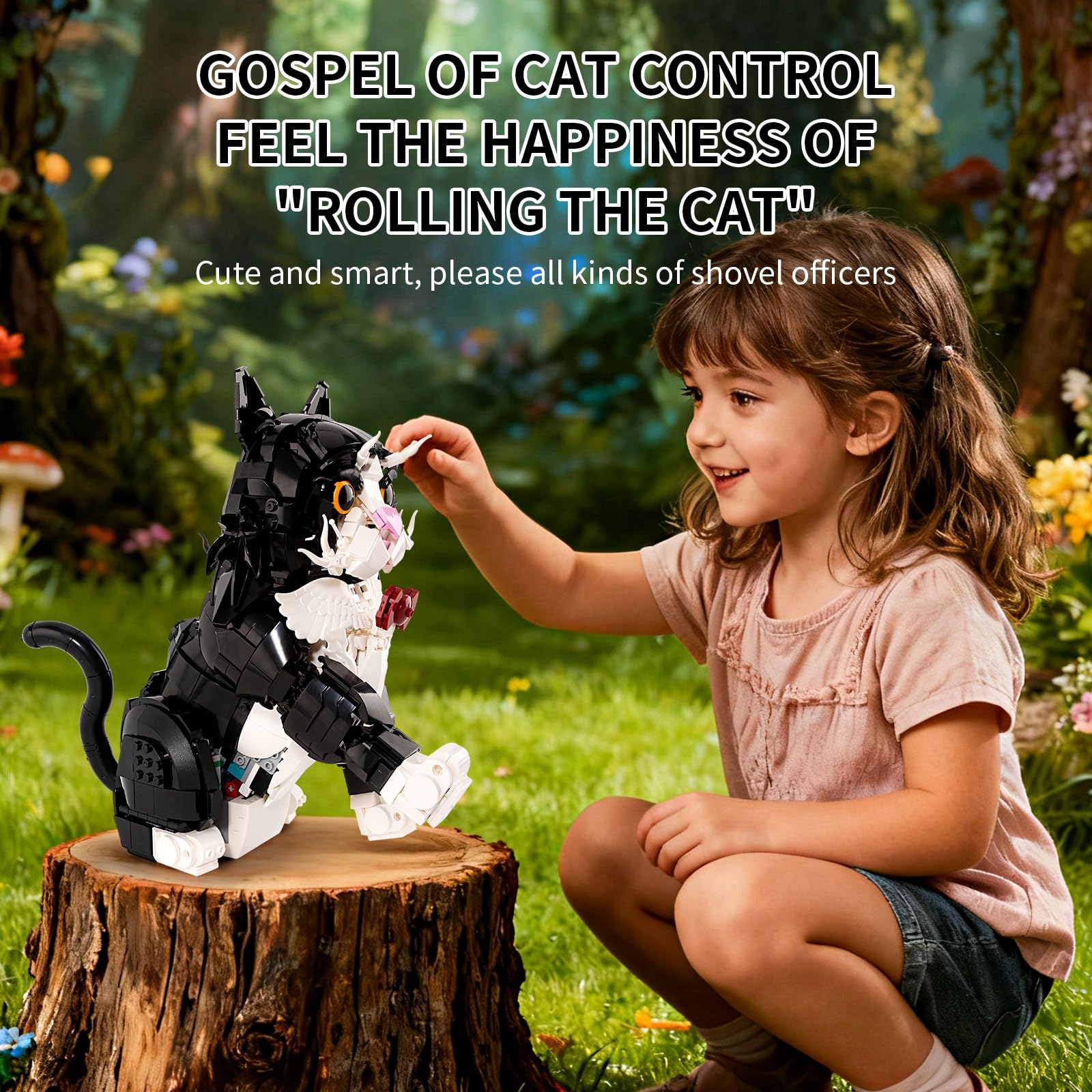 LPPROTECTOR Sunflower Gentle Kitty Building Set for Adults - 1434 Pcs Tuxedo Cat Statue with Rotating Head and Poseable Tail - 3D Tuxedo Kitty Model