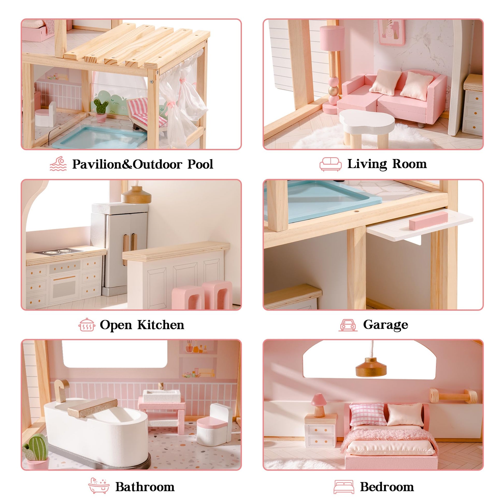 ROBOTIME Wooden Dollhouse, Doll House with 29 Pieces Furniture Set - Pool and Elevator, Wooden Doll House for 4, 5, 6-Inch Dolls, 6 Rooms Pink