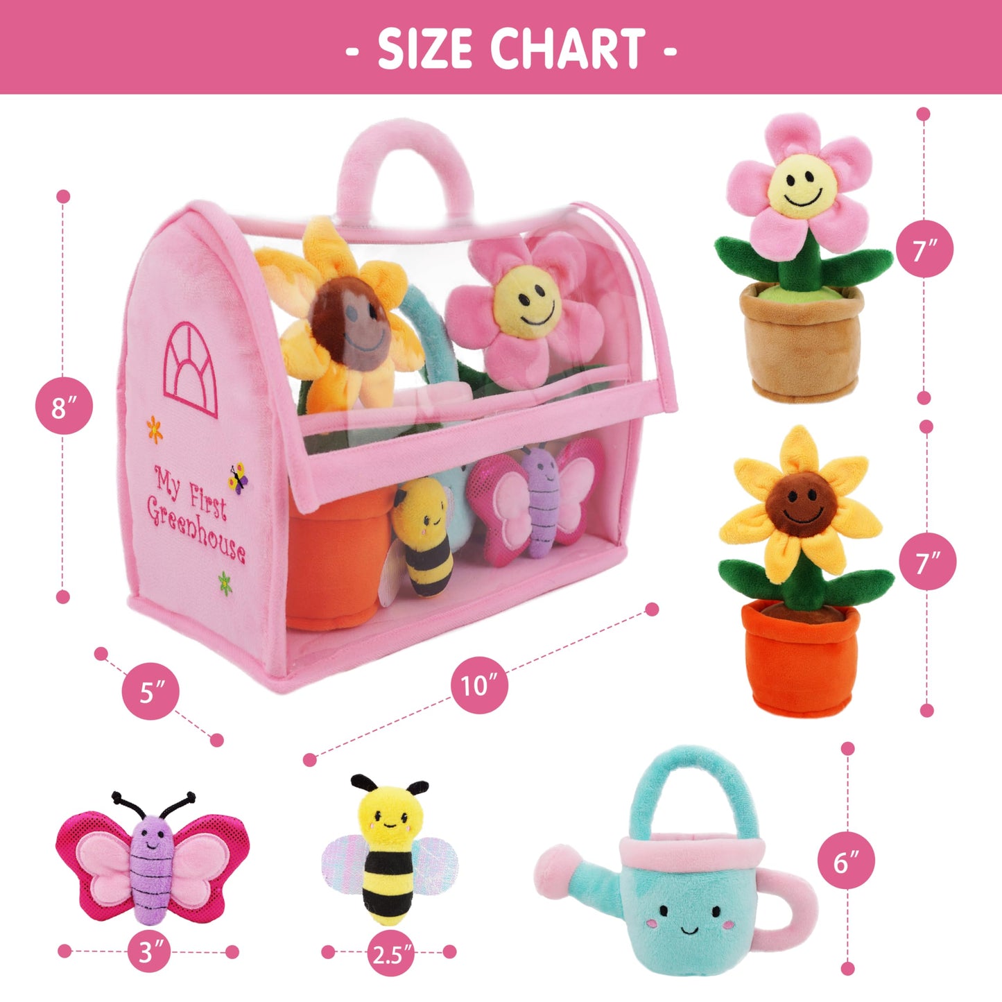 June Garden My First Greenhouse Plush Playset - 5 Pcs Interactive Soft Toy Set with Flowers, Bee, Butterfly & Watering Can - Pretend Play Educational