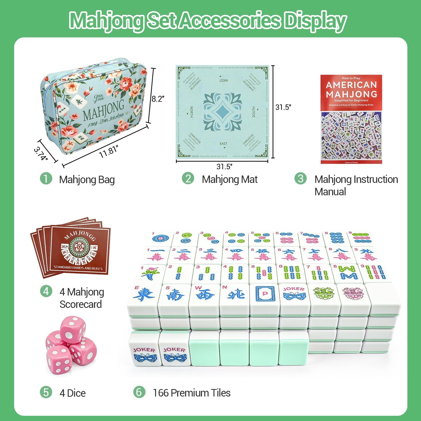 Gartu American Mahjong Tile Set, 166 Tiles (1.2”), Mahjong Tile Set with Carrying Bag, Dice, Mat, Cute Mini Tiles, Portable Travel Complete Game Set