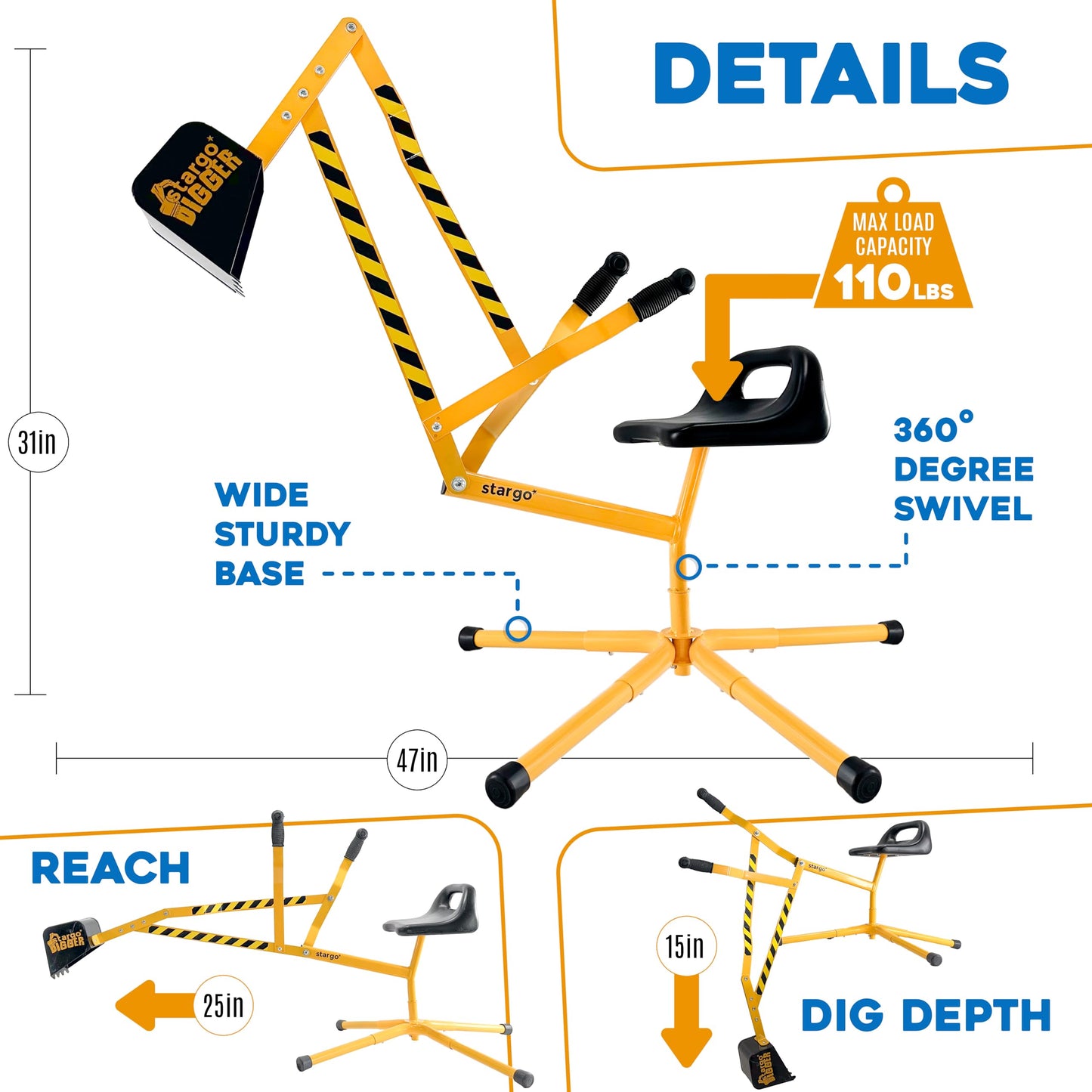 Stargo Sand Digger Kids Excavator Ride on Toy, Beach Toys Outdoor Sandbox Toy Digger for Kids, Solid Steel Rotates 360, Role Play, Sand Toys