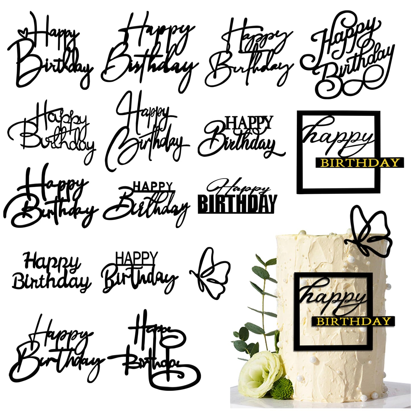 15 PCS Black Happy Birthday Cake Toppers Acrylic Mirror Inserts for Cakes Cupcakes Desserts 15 Styles