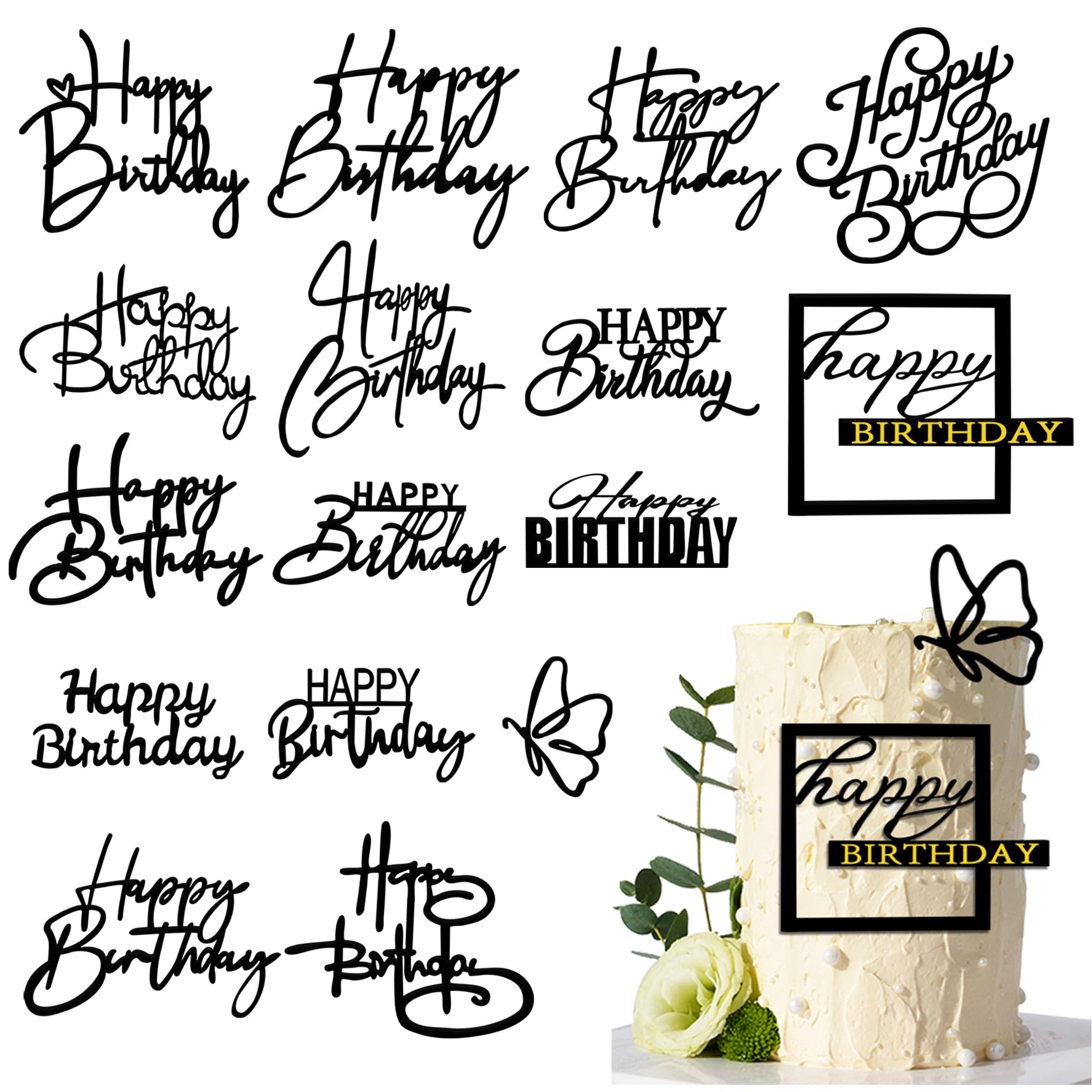 15 PCS Black Happy Birthday Cake Toppers Acrylic Mirror Inserts for Cakes Cupcakes Desserts 15 Styles