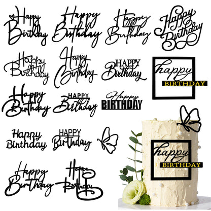 15 PCS Black Happy Birthday Cake Toppers Acrylic Mirror Inserts for Cakes Cupcakes Desserts 15 Styles