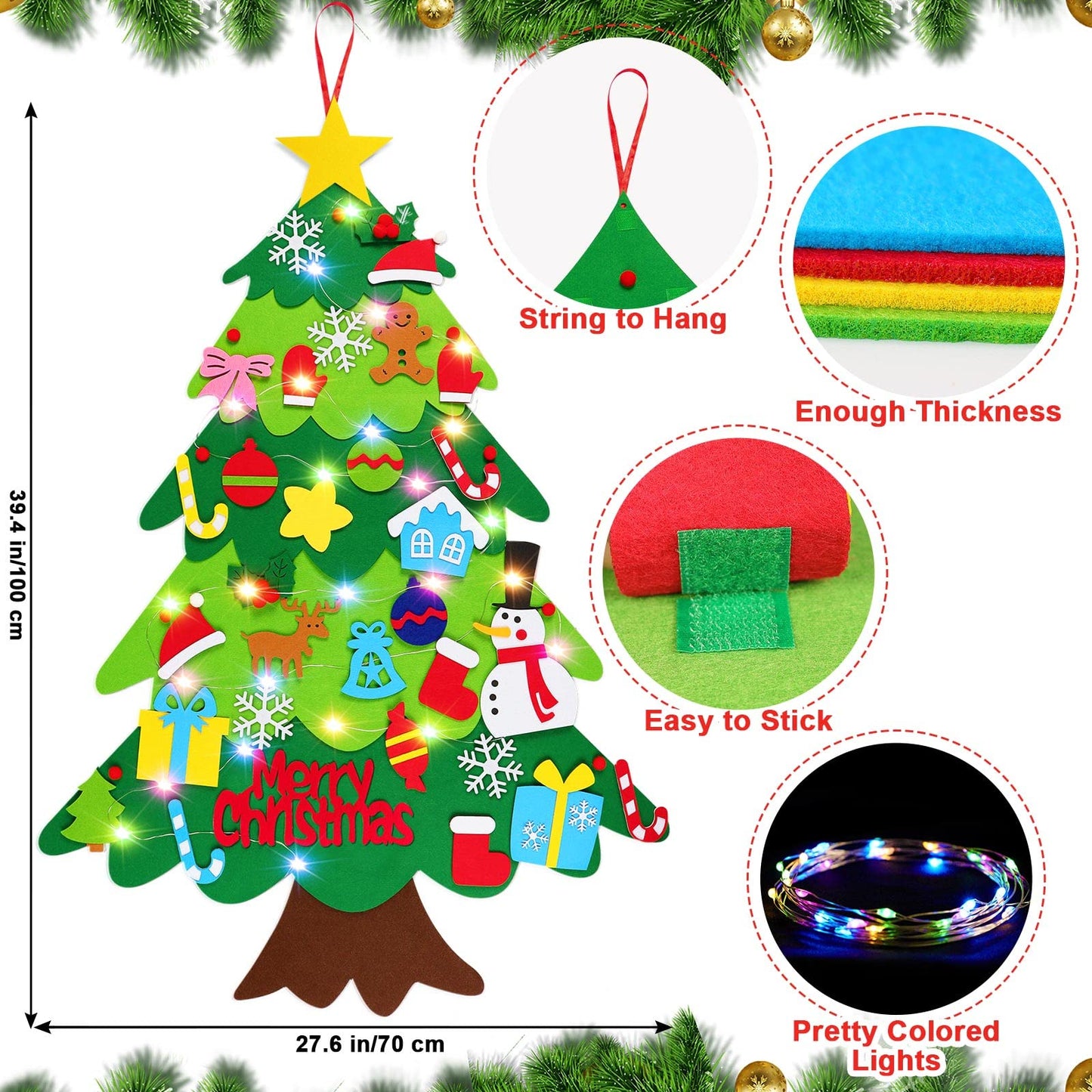 DIY Felt Christmas Tree with 32 Pcs Detachable Ornaments 1 LED String Light