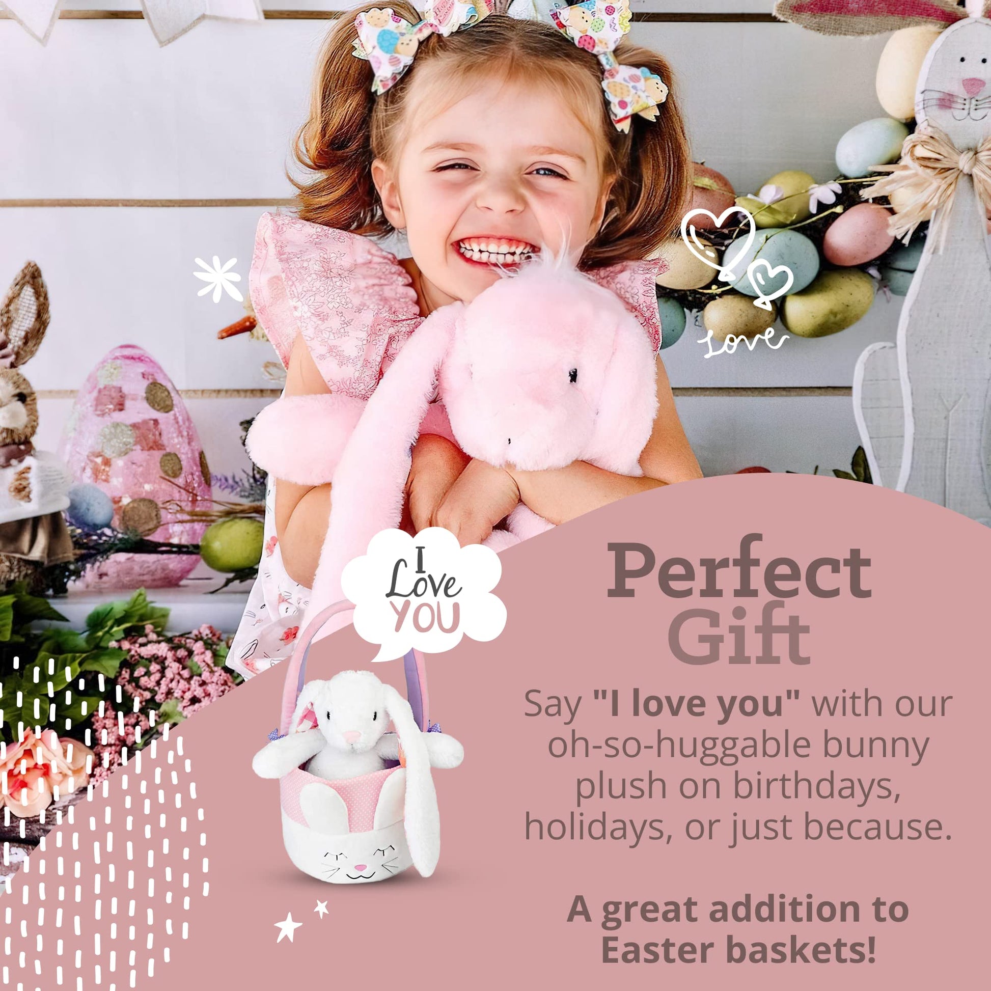 Plushible Easter Bunny Stuffed Animal, 14" (Pink) - Soft Embroidered Stuffed Bunny Plush Toy for Kids, Newborns, Boys & Girls, Cuddly and Adorable