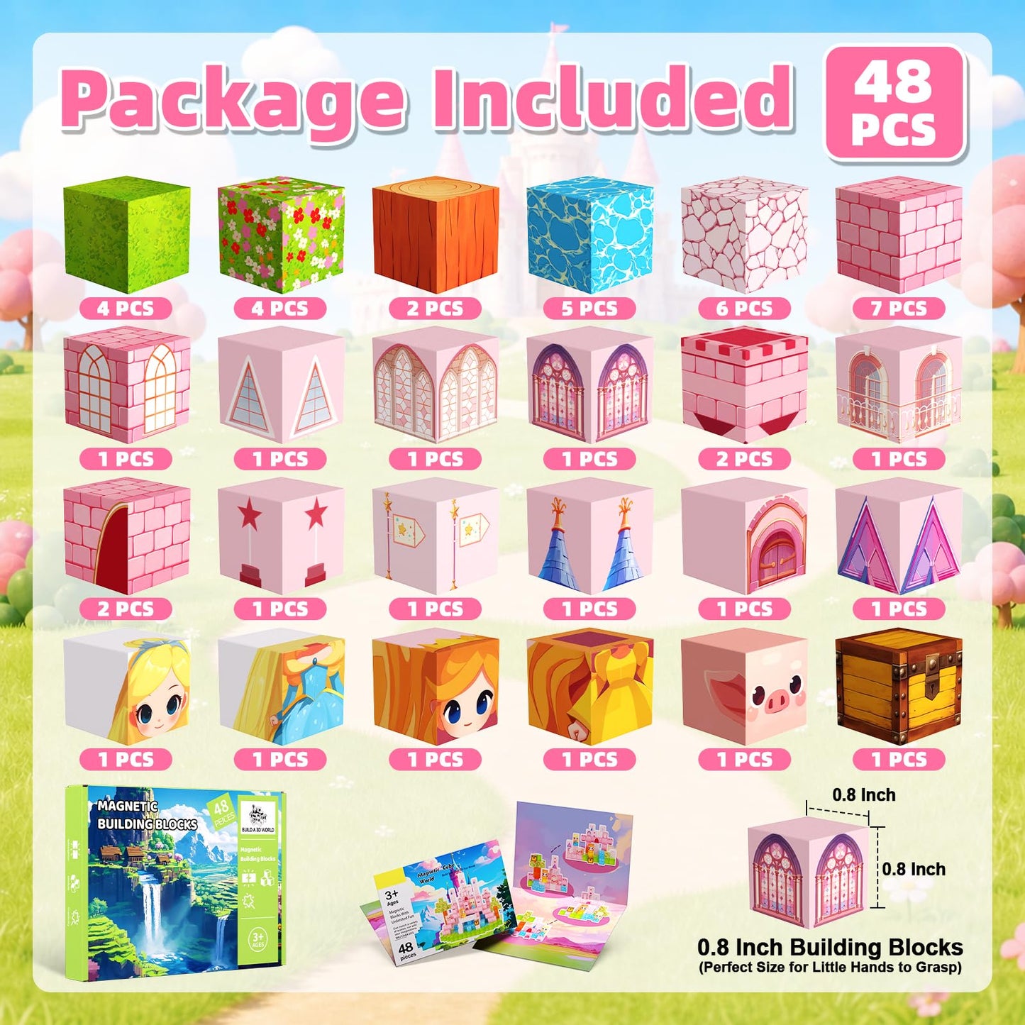 Magnetic Blocks, 48PCS Magnetic Building Cube Set for Kids Ages 3+, Constructions STEM Stacking Tiles Toy Building Birthday Gifts for Girls