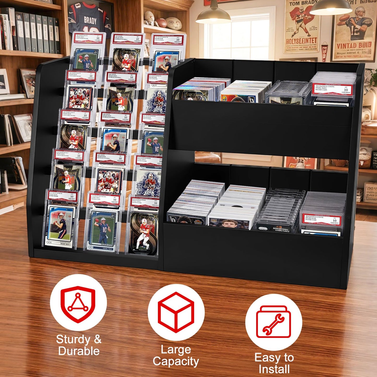 5-Tier Trading Card Display Case Stand- Holds Up to 200 Cards,Wood Sports Graded Card Display,Card Stand for Sports Baseball Cards,Card Game