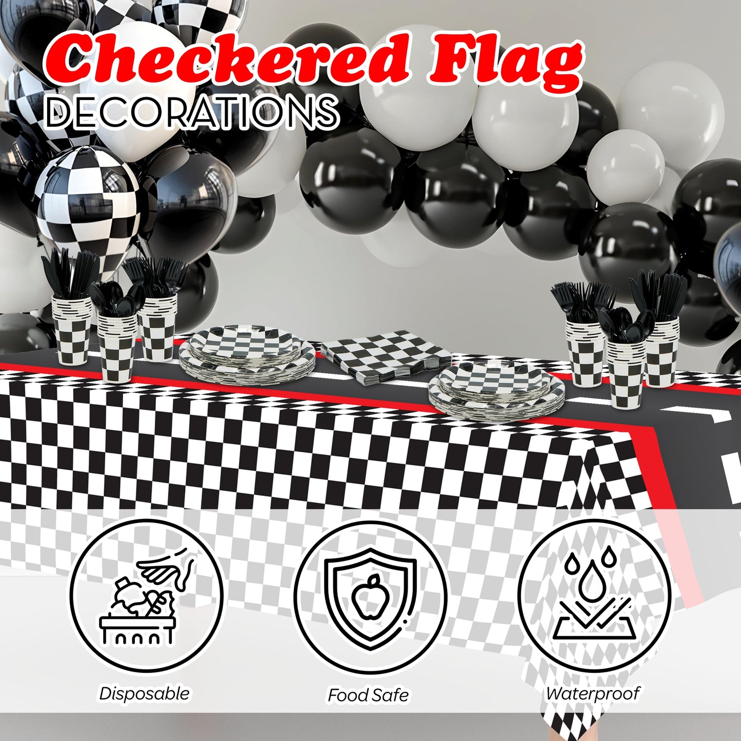 Checkered Party Supplies Set Serves 24 - Checkered Flag Plates, Cups, Napkins, Cutlery - For Race Car Birthday Party Supplies Table Ware Decorations