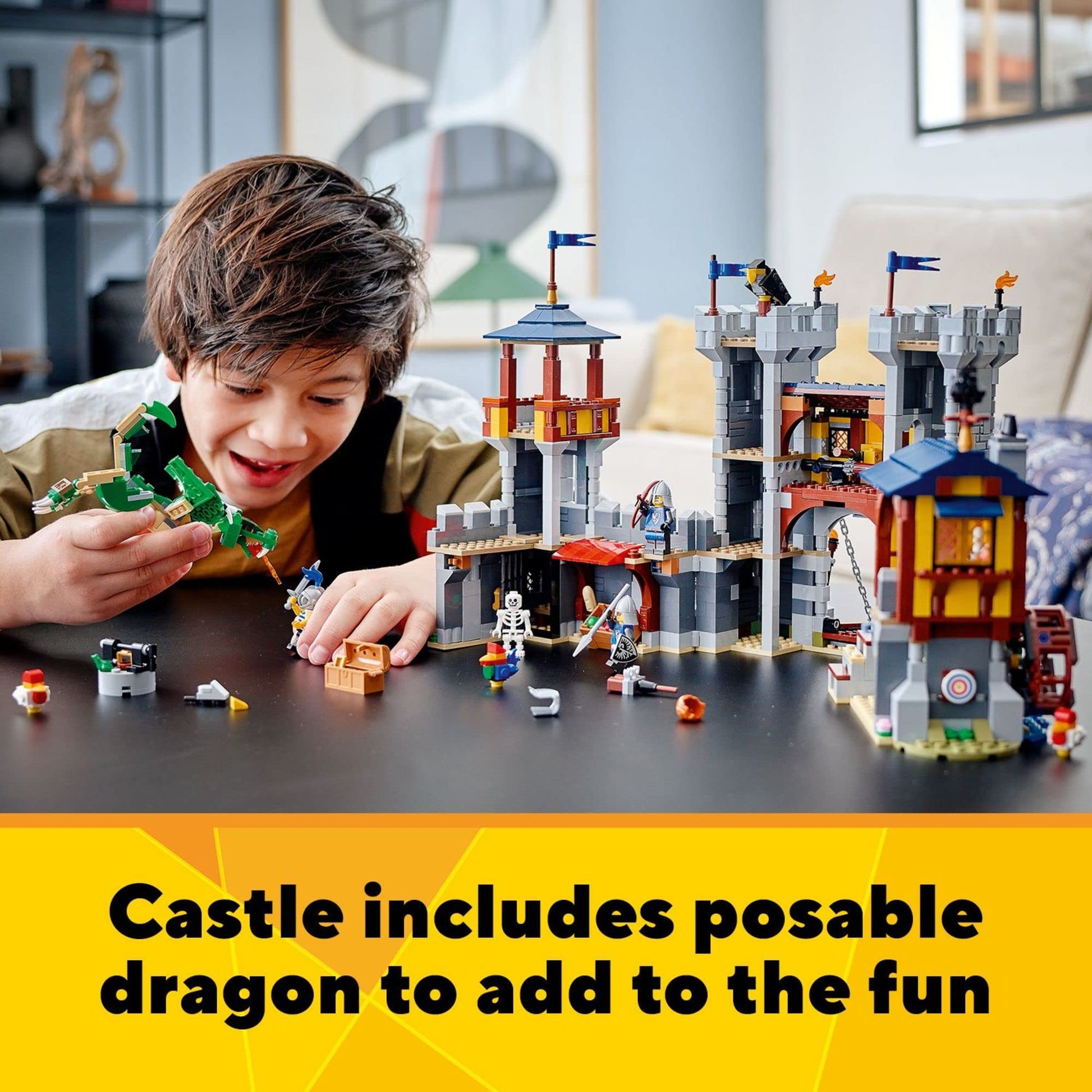 LEGO Creator 3 in 1 Medieval Castle Toy, Transforms from Castle to Tower to Marketplace, Includes Skeleton and Dragon Figure, with 3 Minifigures and
