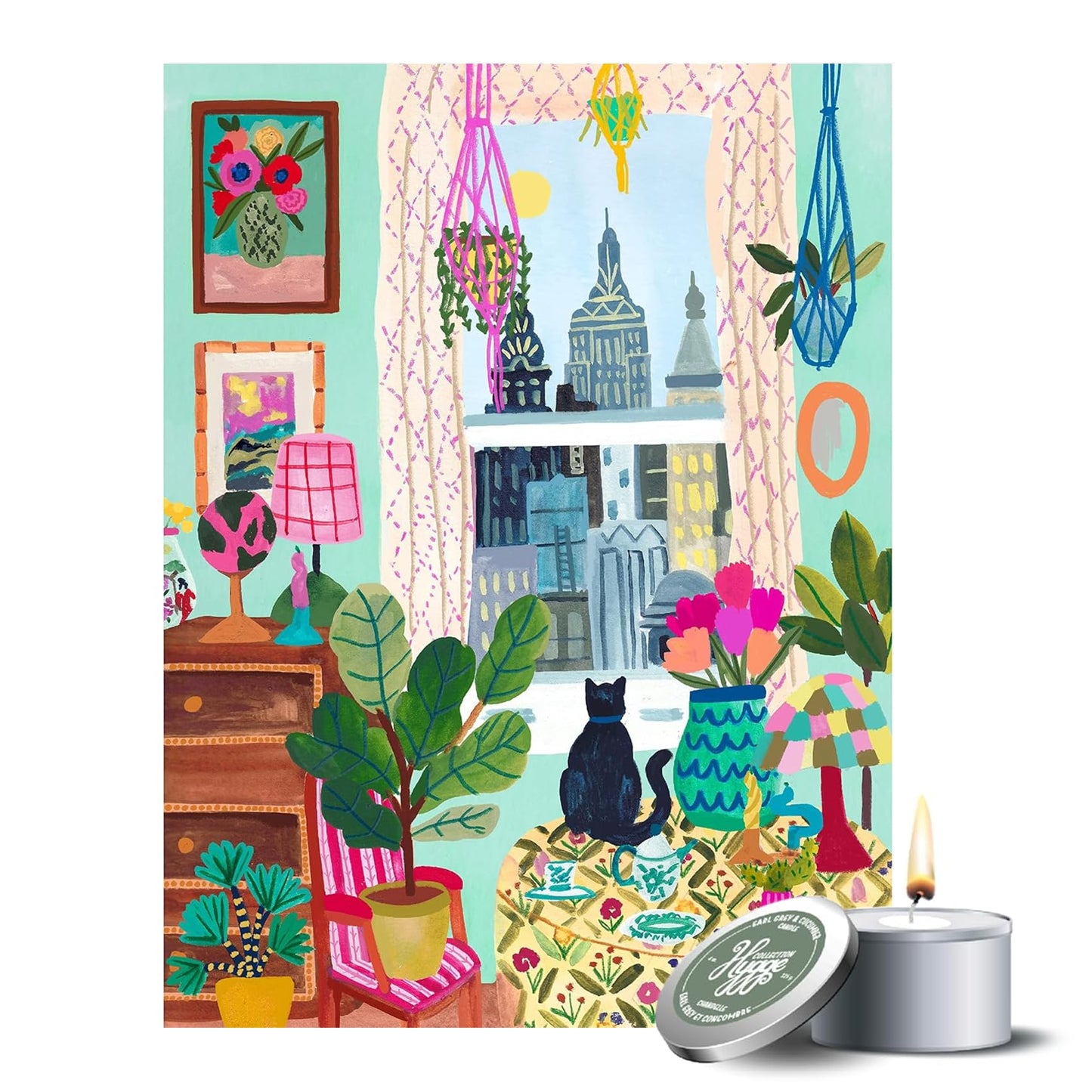 500 Piece Puzzle for Adults Hygge Collection Cat in Window Rhi James Blueboard Jigsaw and Candle by KI Puzzles