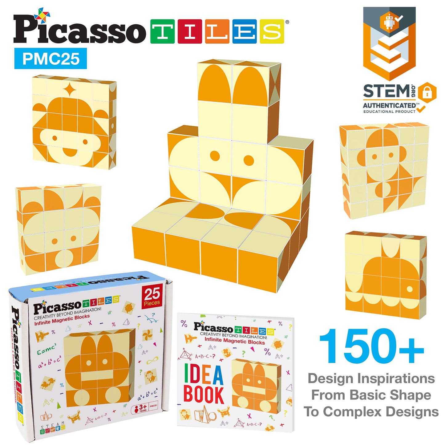 PicassoTiles 25 Piece Magnetic Puzzle Game Magic Cube Puzzles Brain Teaser Set Kids Toy Magnet Pattern Block Matching Toys with Free Ideabook 150+