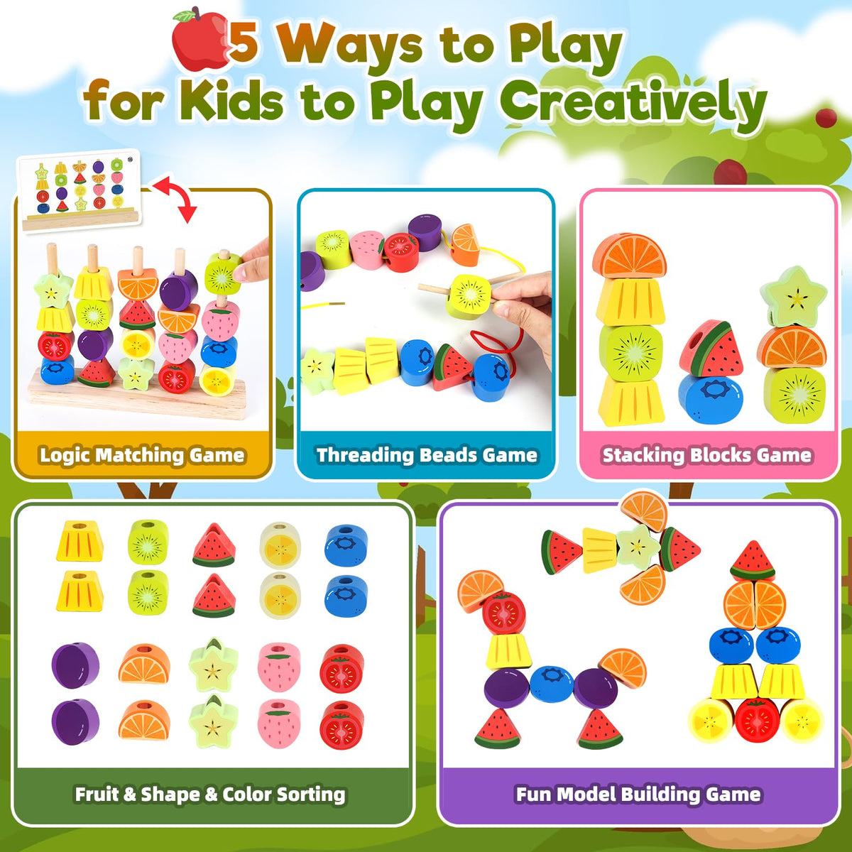 Montessori Wooden Beads Stacking Toys: 2 3 4 Year Old Boys Girls Birthday Gifts - Toddler Sequence Game & Sorting Blocks & Lacing & Matching Shape