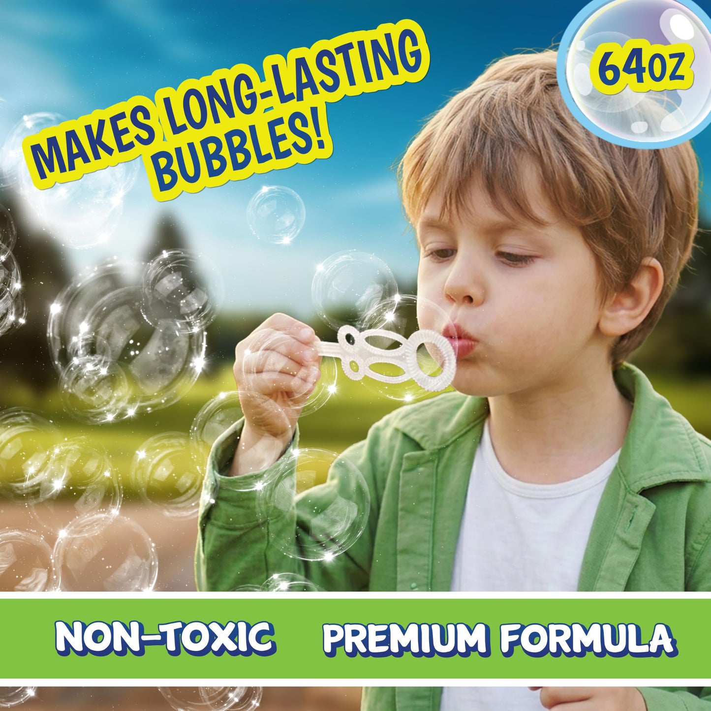 Made in USA Bubble Solution Refill with Wand 64oz Non Toxic Dye Free (1/2 Gallon), Kids Easy Grip Bottle Refill for Bubble Machine, Bubble Wands
